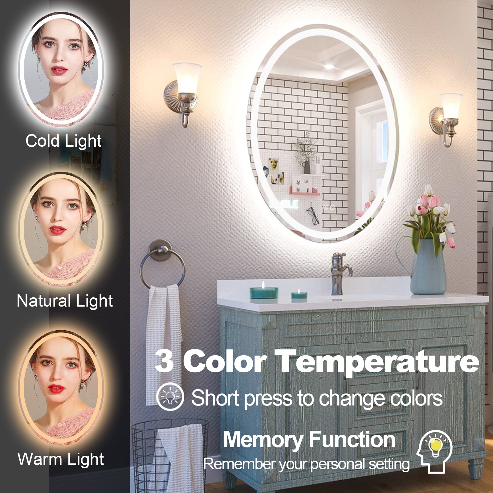 Apmir LED Backlit Bathroom Vanity Mirror Wall Mounted Anti-Fog Oval Touch