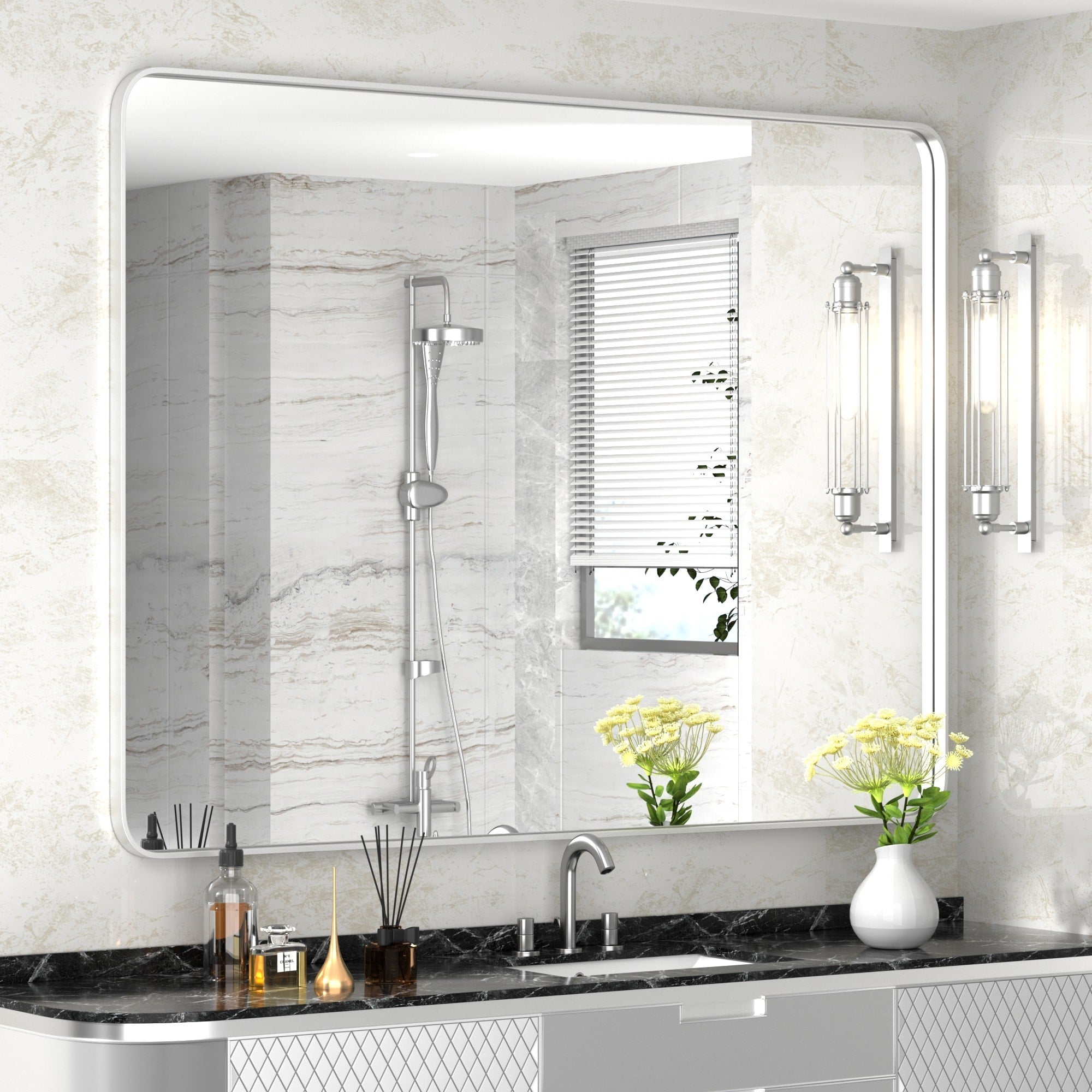 Modern Wall Mirrors, Rectangular Mirror with Stainless Steel Framed, Bathroom Mirror with Round Corner, Vanity Mirror