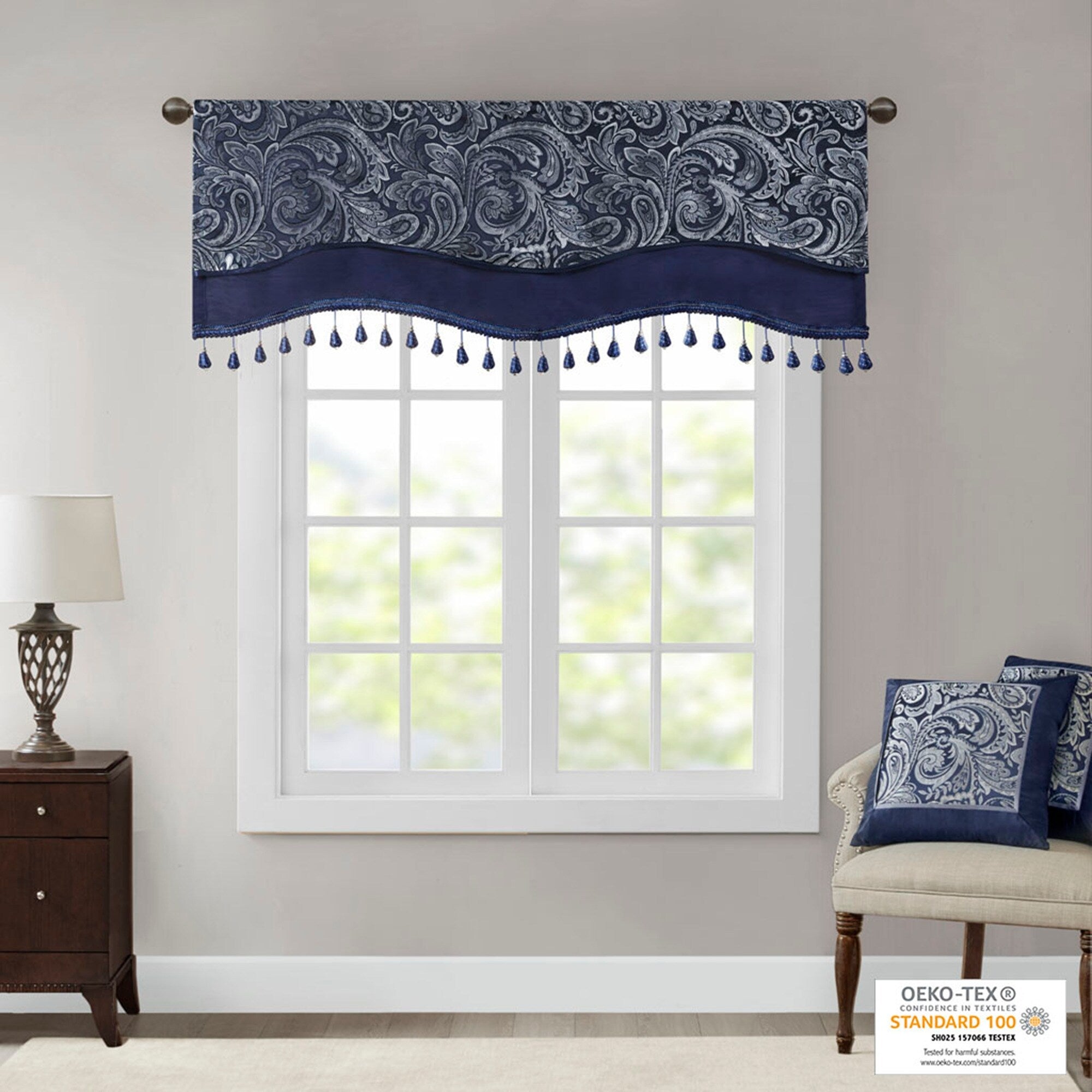 Madison Park Whitman Jacquard Window Rod Pocket Valance with Beads - 50 x 18