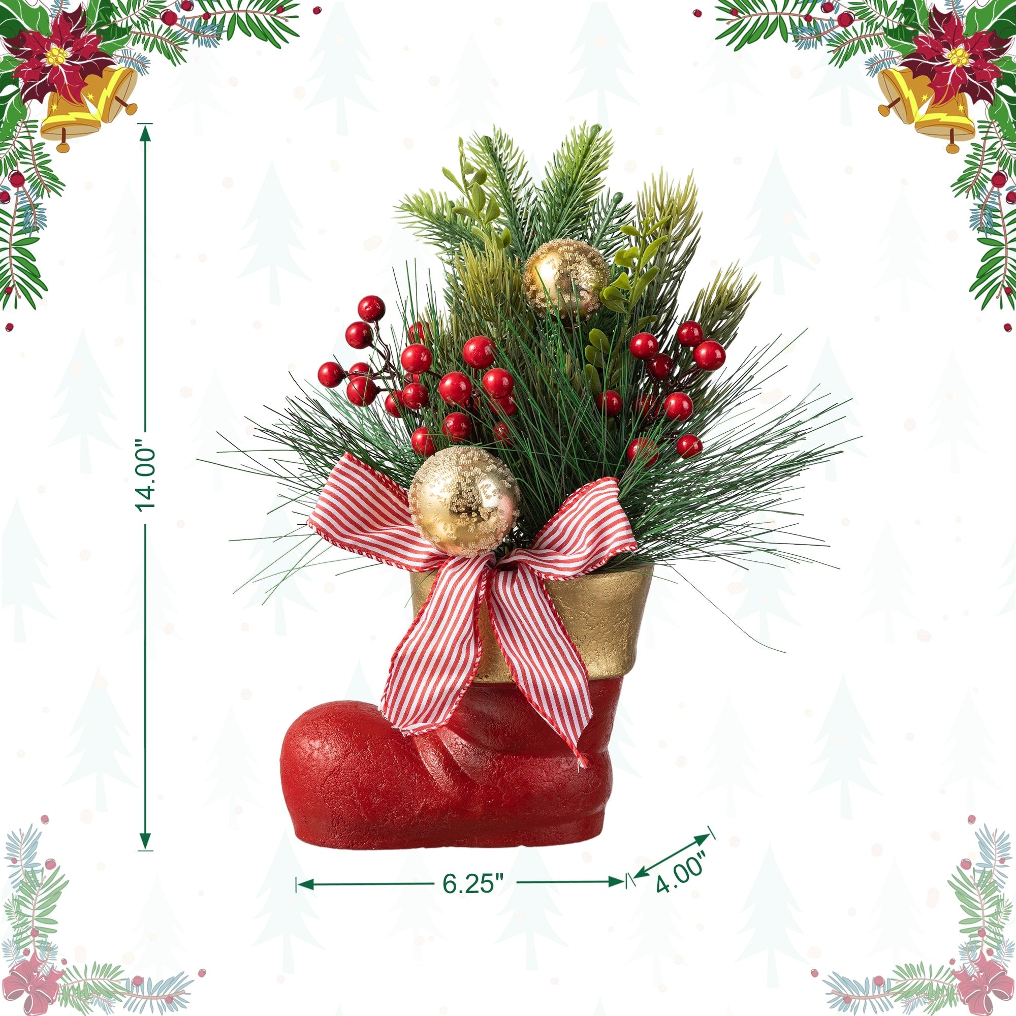 Glitzhome Christmas Red Sleigh Frosted Boot Floral Metal Potted Tree Table Decor