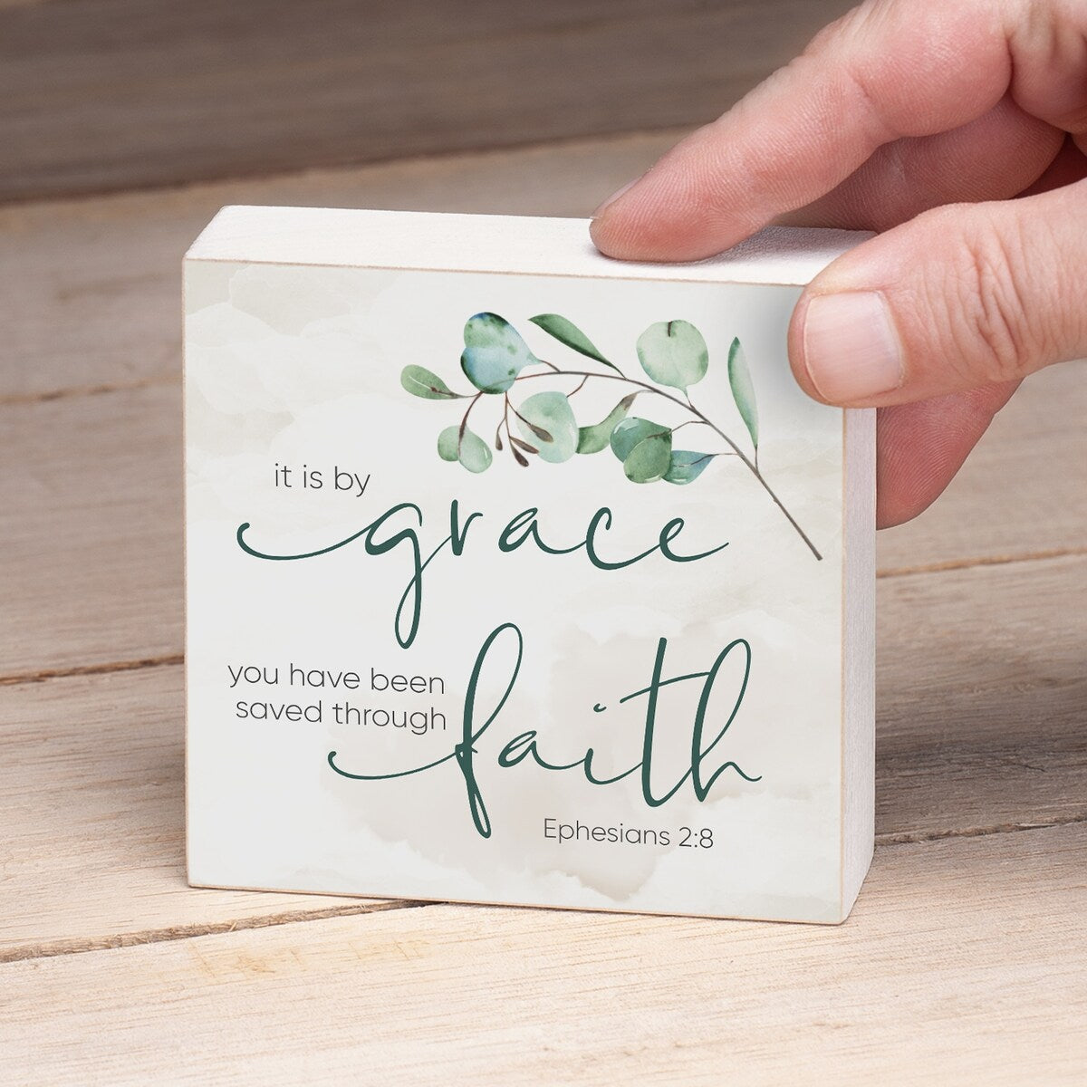 Wood Block Décor Message by Grace Saved Through Faith Sign, 3.75 inches Square, Made in The USA - Multi-38