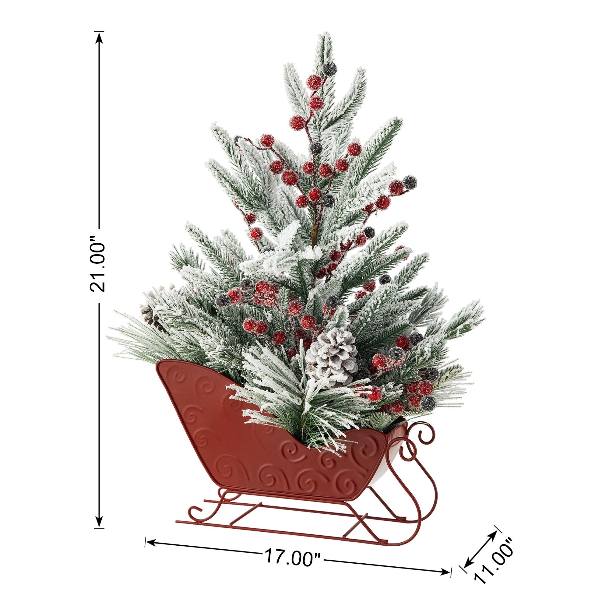 Glitzhome Christmas Red Sleigh Frosted Boot Floral Metal Potted Tree Table Decor