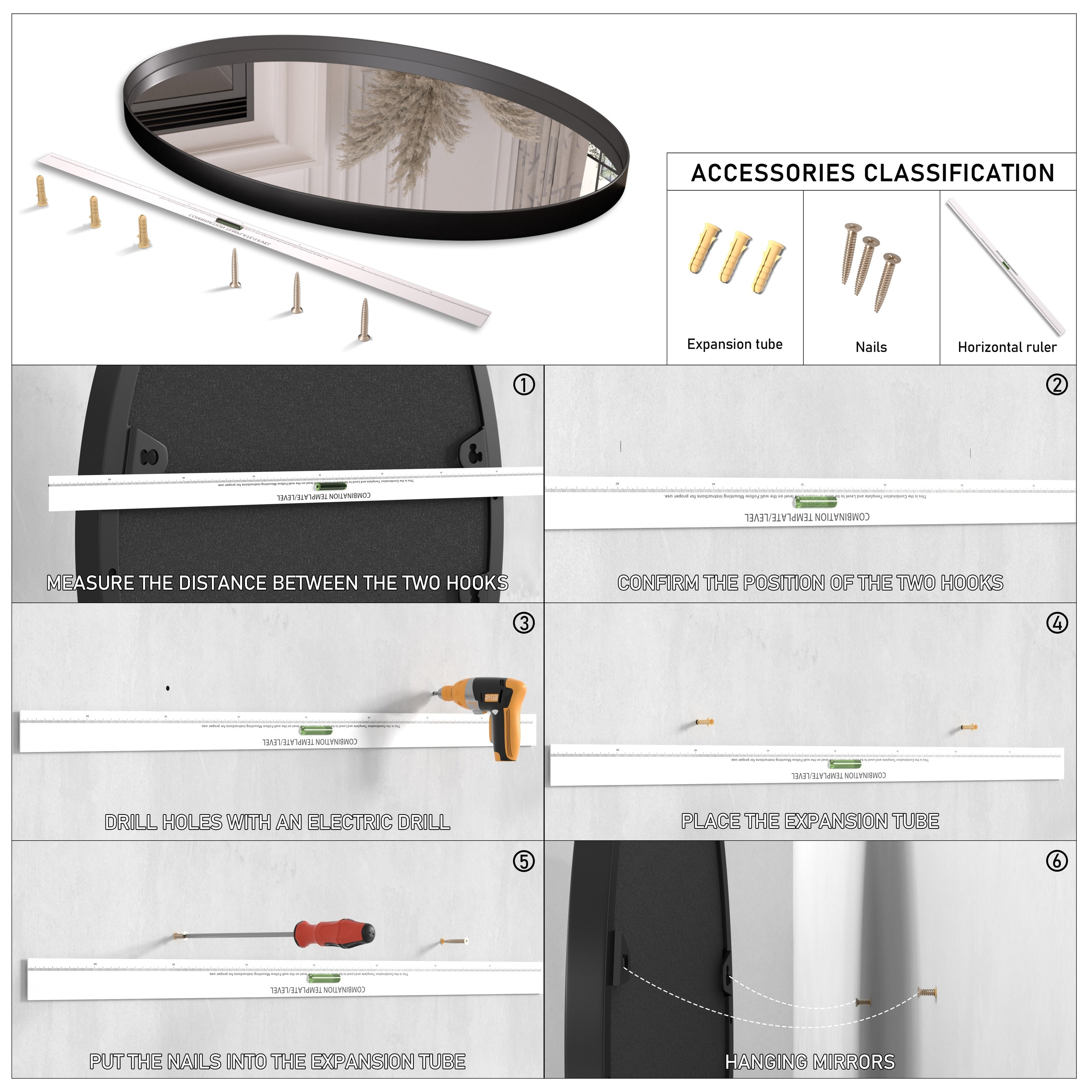 Modern Wall Mirror, Oval Mirror with Metal Framed, Bathroom Mirror with Round Corner Vanity Mirror for Vertical/Horizontal