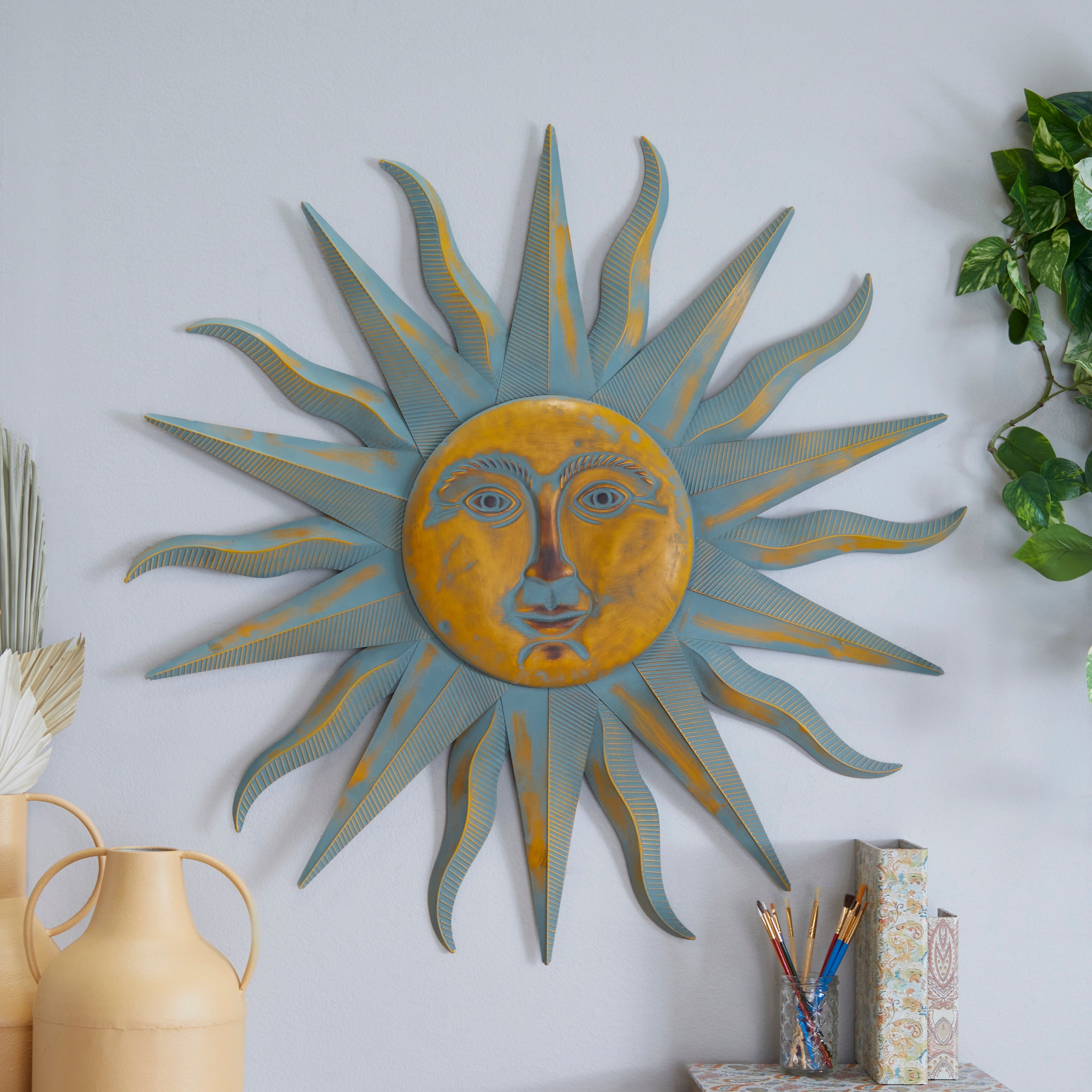 Metal Sun Indoor Outdoor Distressed Wall Decor with Copper-Like Accents and Grooves - Gold - Roche River Decor