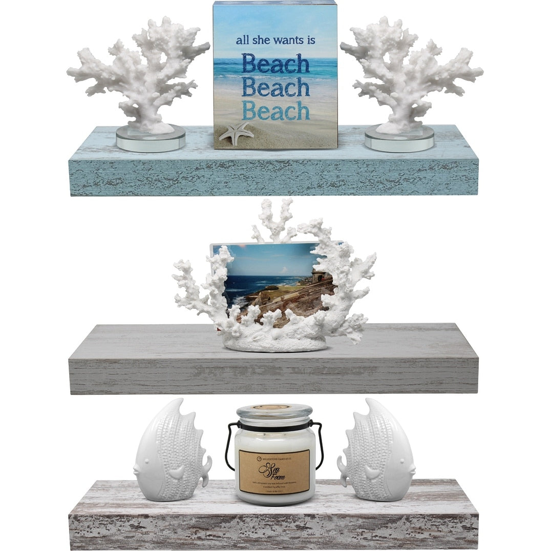 Floating Shelf Set, Rustic Wood Beach Style Hanging Wall Shelves - 3-Pack