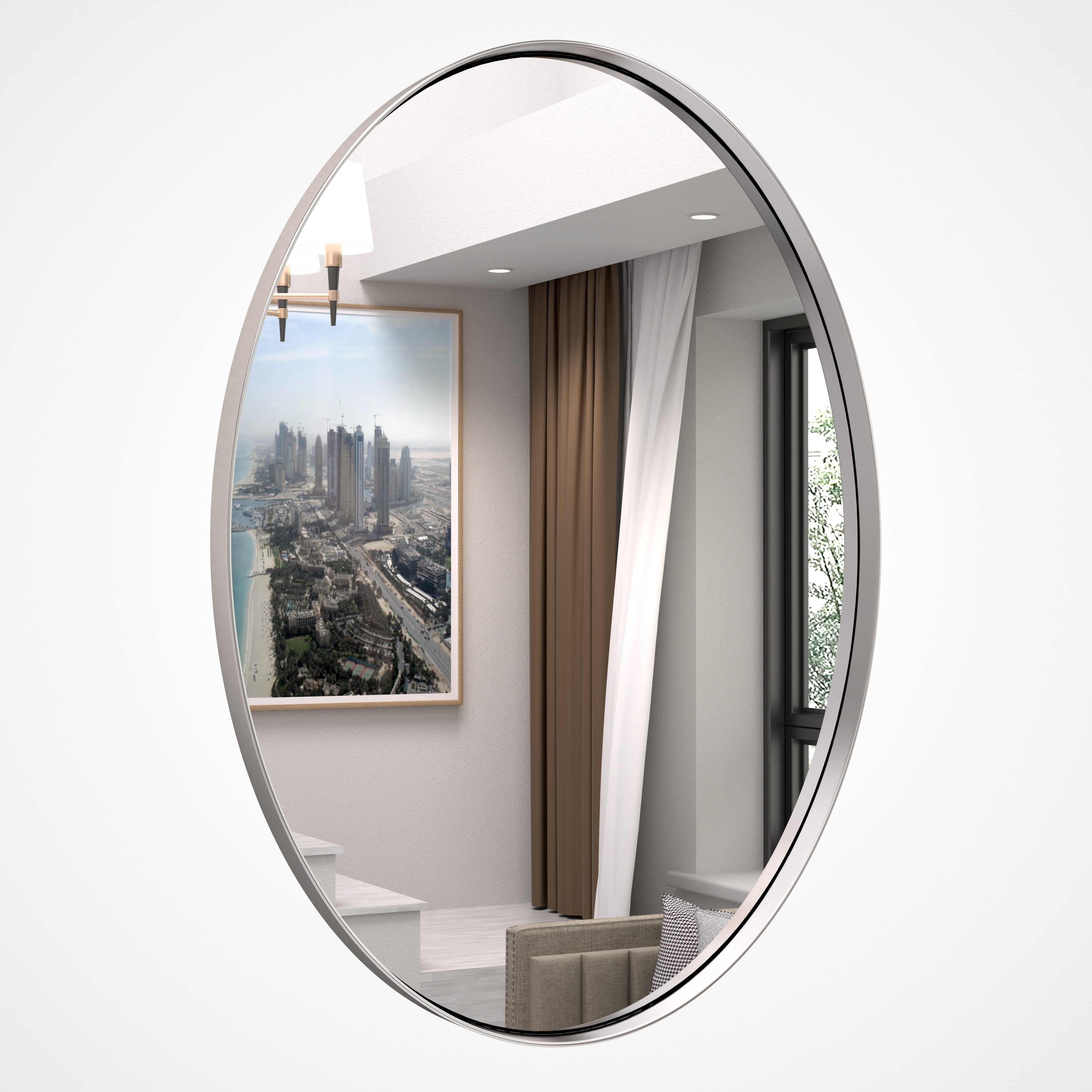 Modern Wall Mirror, Oval Mirror with Metal Framed, Bathroom Mirror with Round Corner Vanity Mirror for Vertical/Horizontal