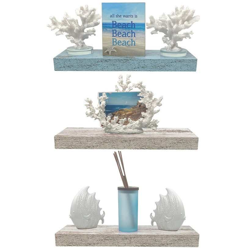 Floating Shelf Set, Rustic Wood Beach Style Hanging Wall Shelves - 3-Pack