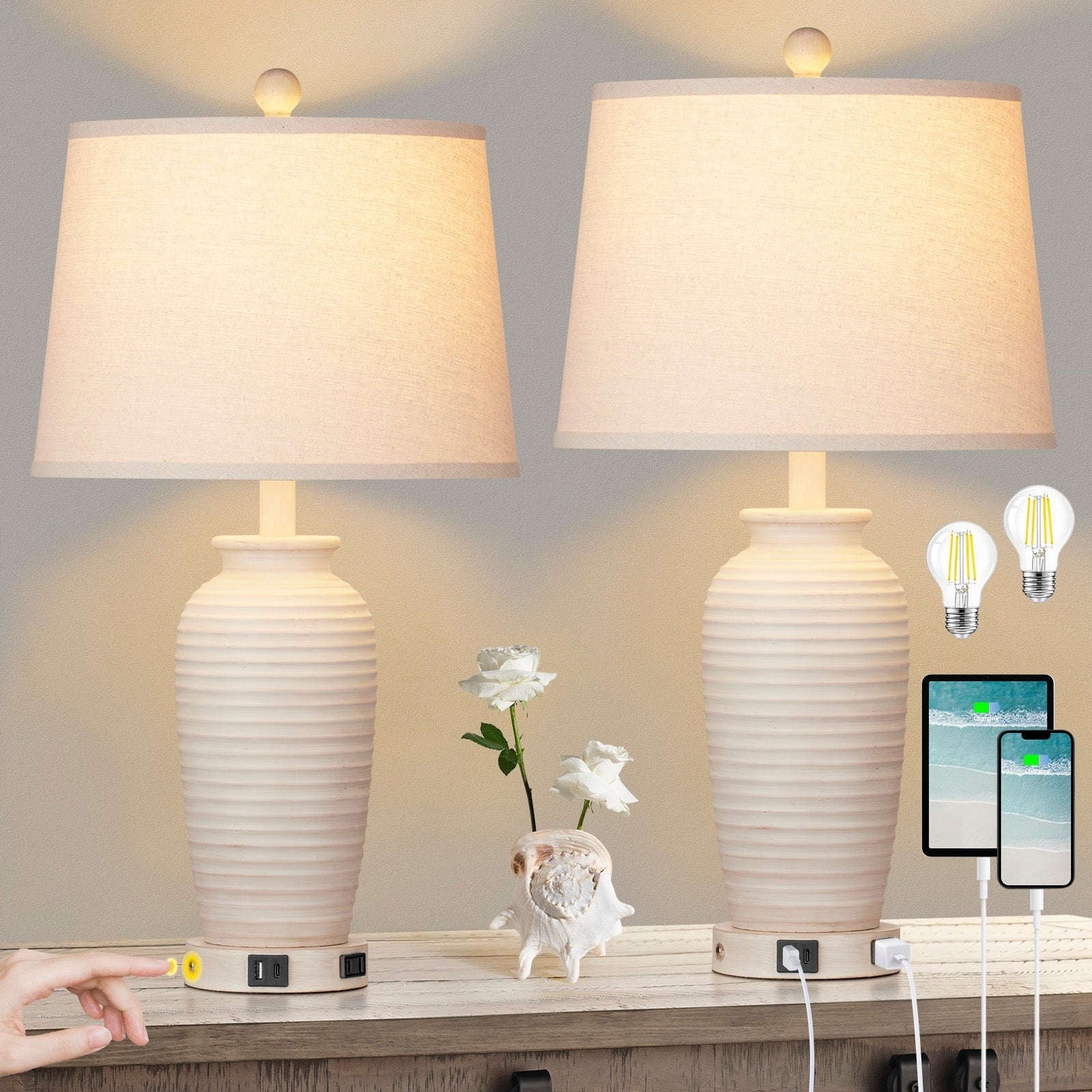 Beige Resin Table Lamps 3-way Touch Dimming Switch USB & Type-C Charging Ports AC Outlet (Set of 2)