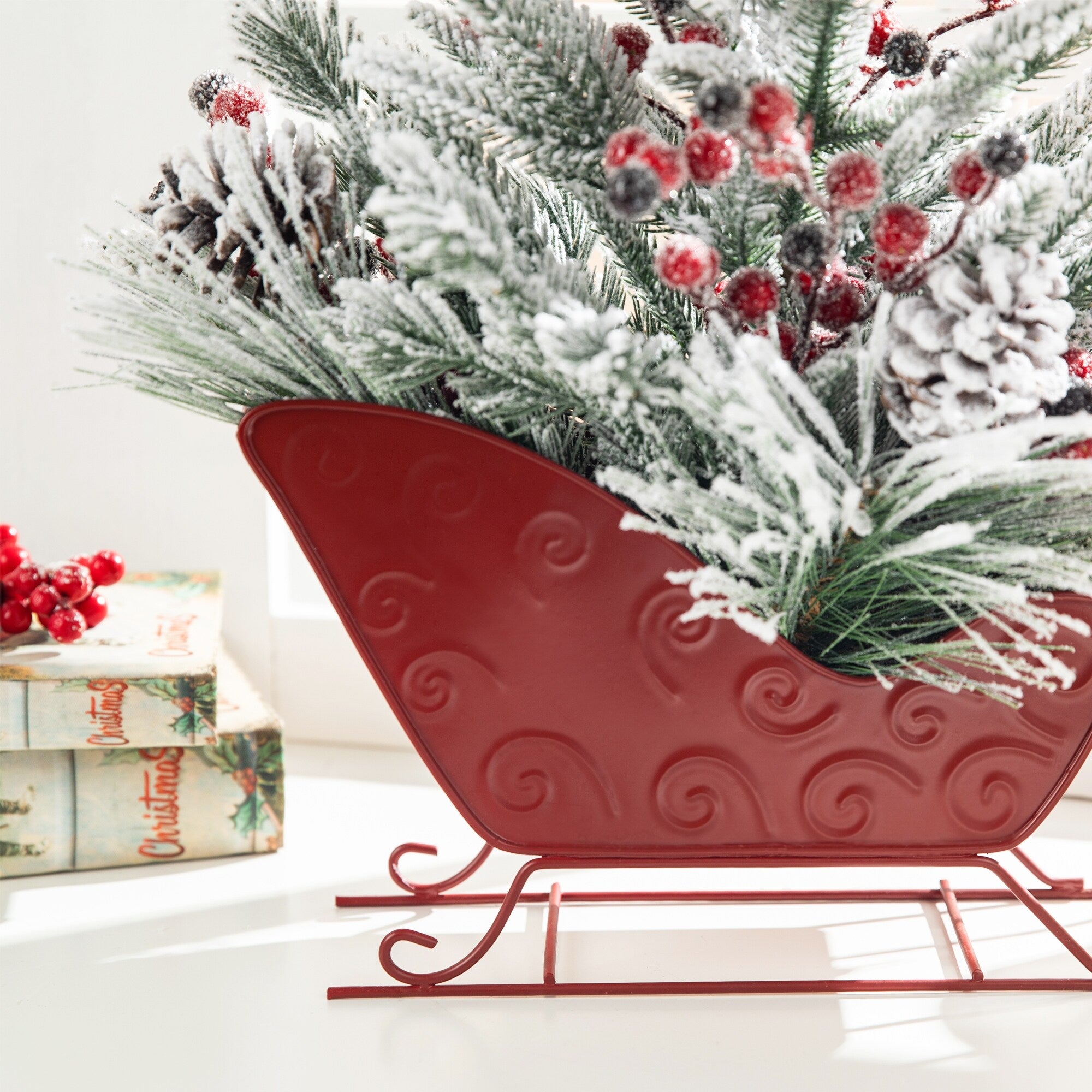 Glitzhome Christmas Red Sleigh Frosted Boot Floral Metal Potted Tree Table Decor