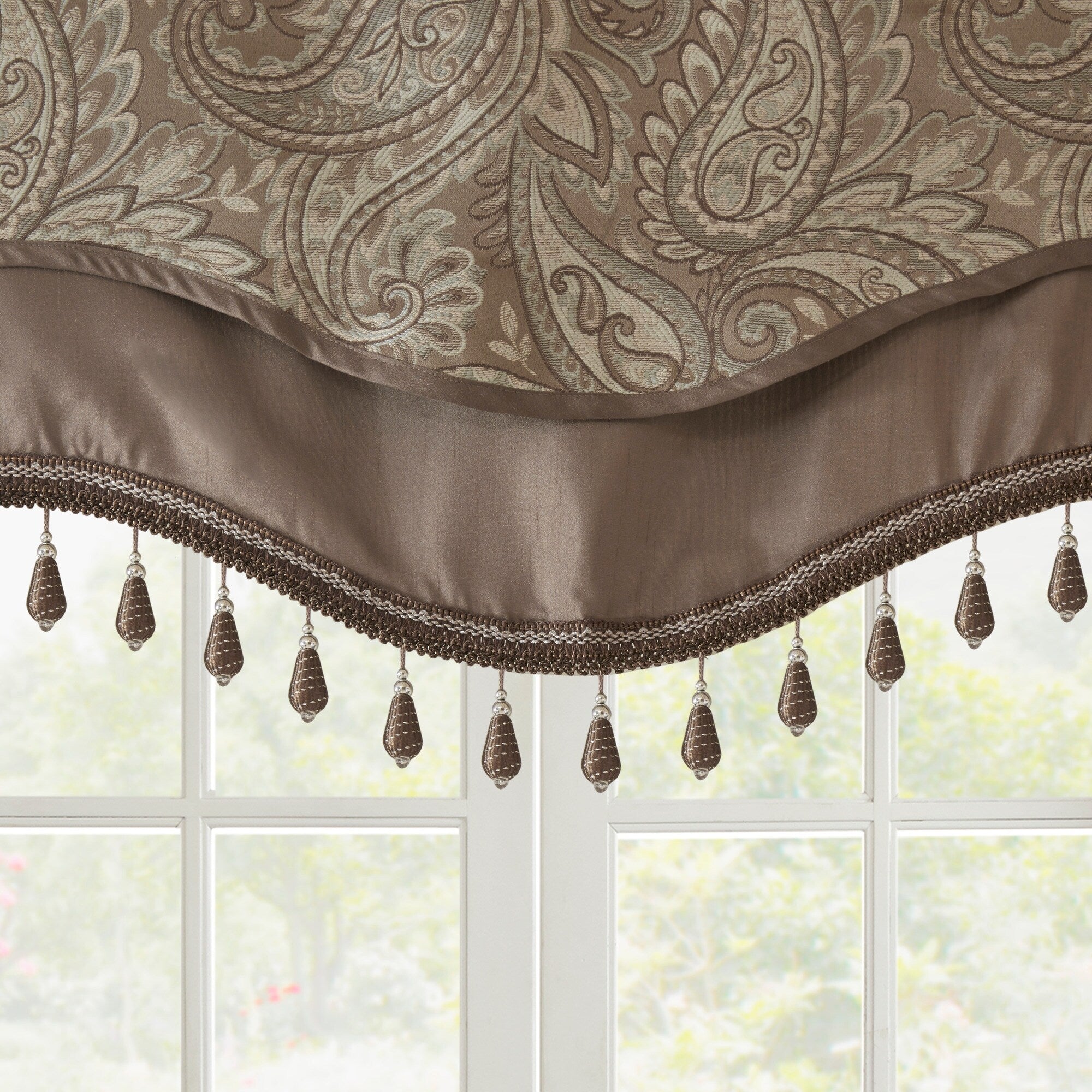 Madison Park Whitman Jacquard Window Rod Pocket Valance with Beads - 50 x 18