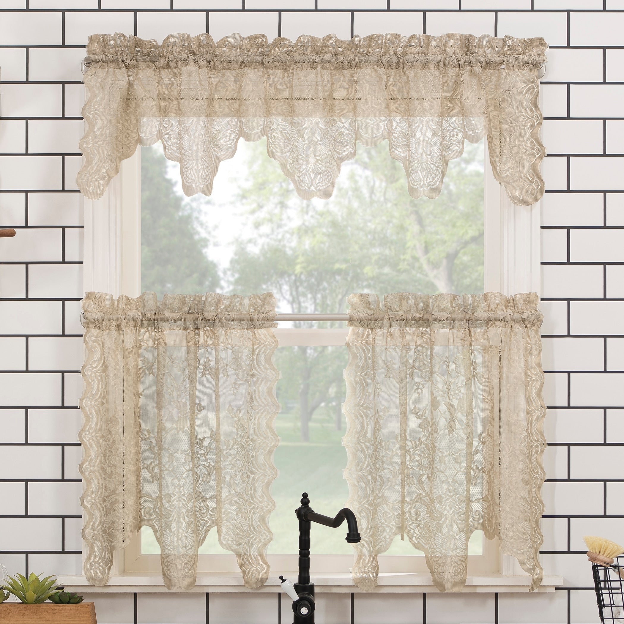 No. 918 Alison Floral Lace Sheer Rod Pocket Kitchen Curtain Swag/Tier Pair