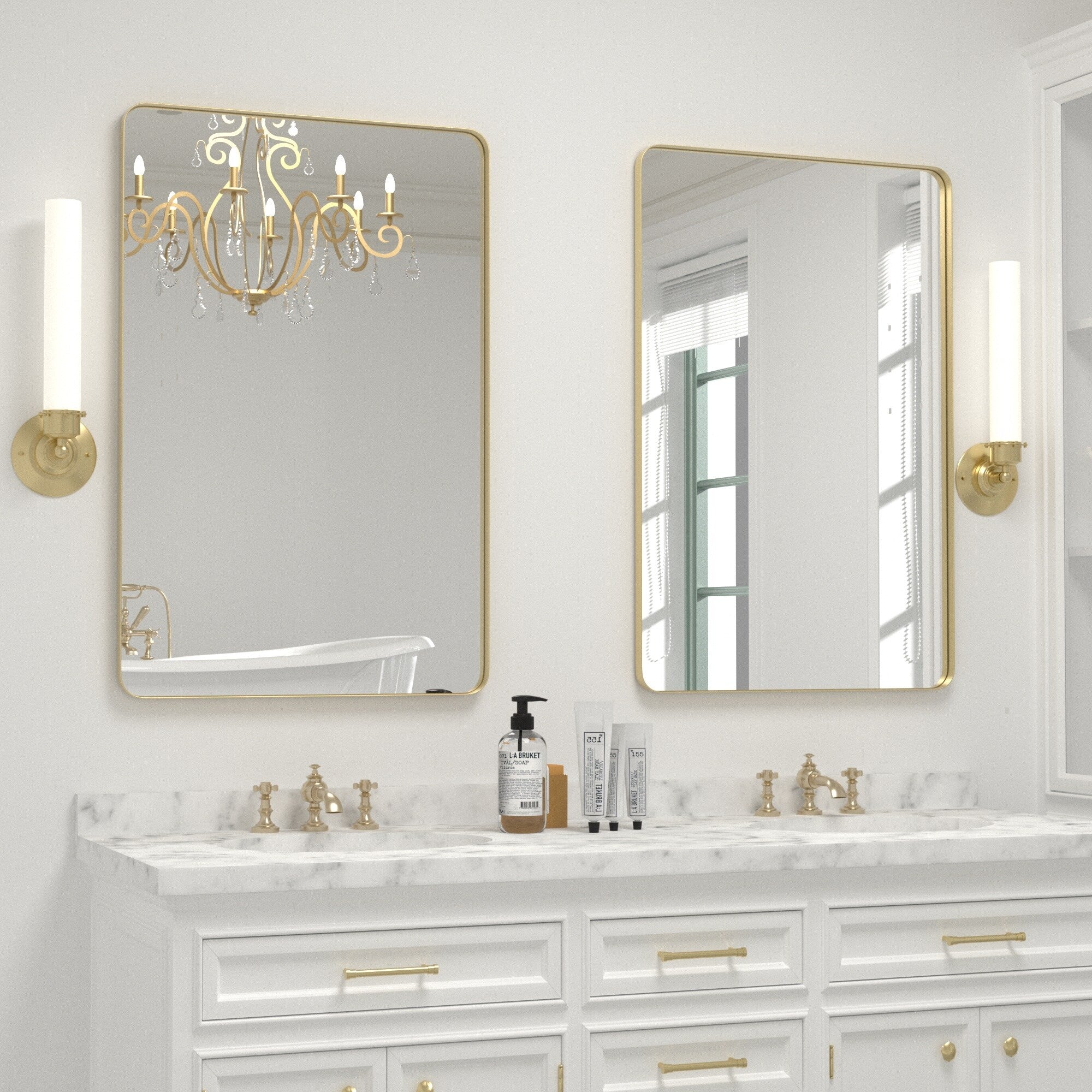 Modern Wall Mirror, Rectangular Mirror with Metal Frame, Bathroom Mirror with Round Corner Vanity Mirror for Vertical/Horizontal