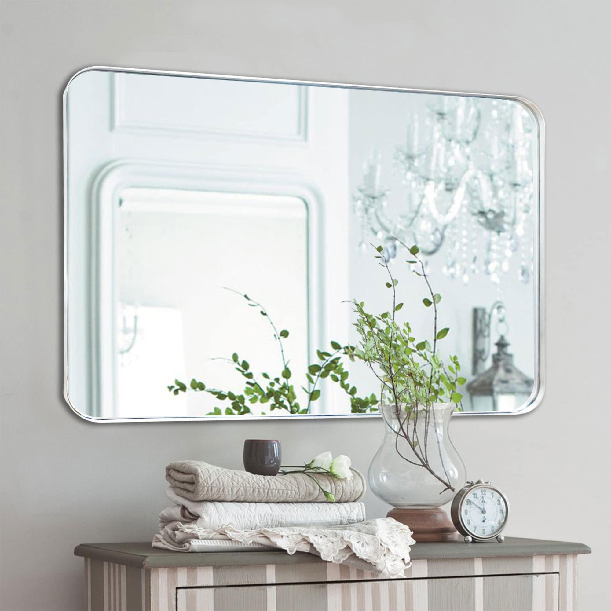 Modern Wall Mirrors, Rectangular Mirror with Stainless Steel Framed, Bathroom Mirror with Round Corner, Vanity Mirror