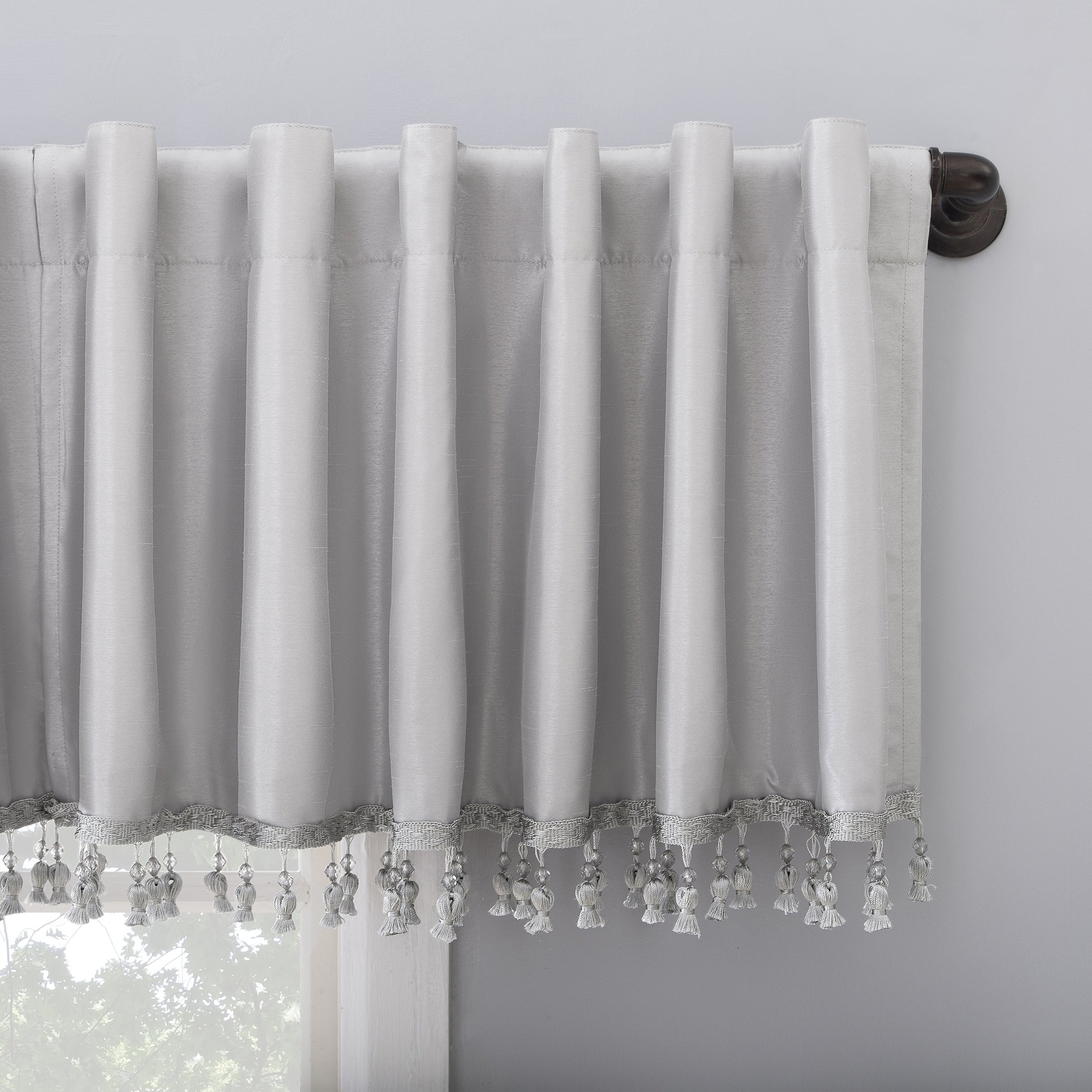 Sun Zero Evelina Faux Dupioni Silk Beaded Tassels Thermal Extreme Total Blackout Back Tab Curtain Valance