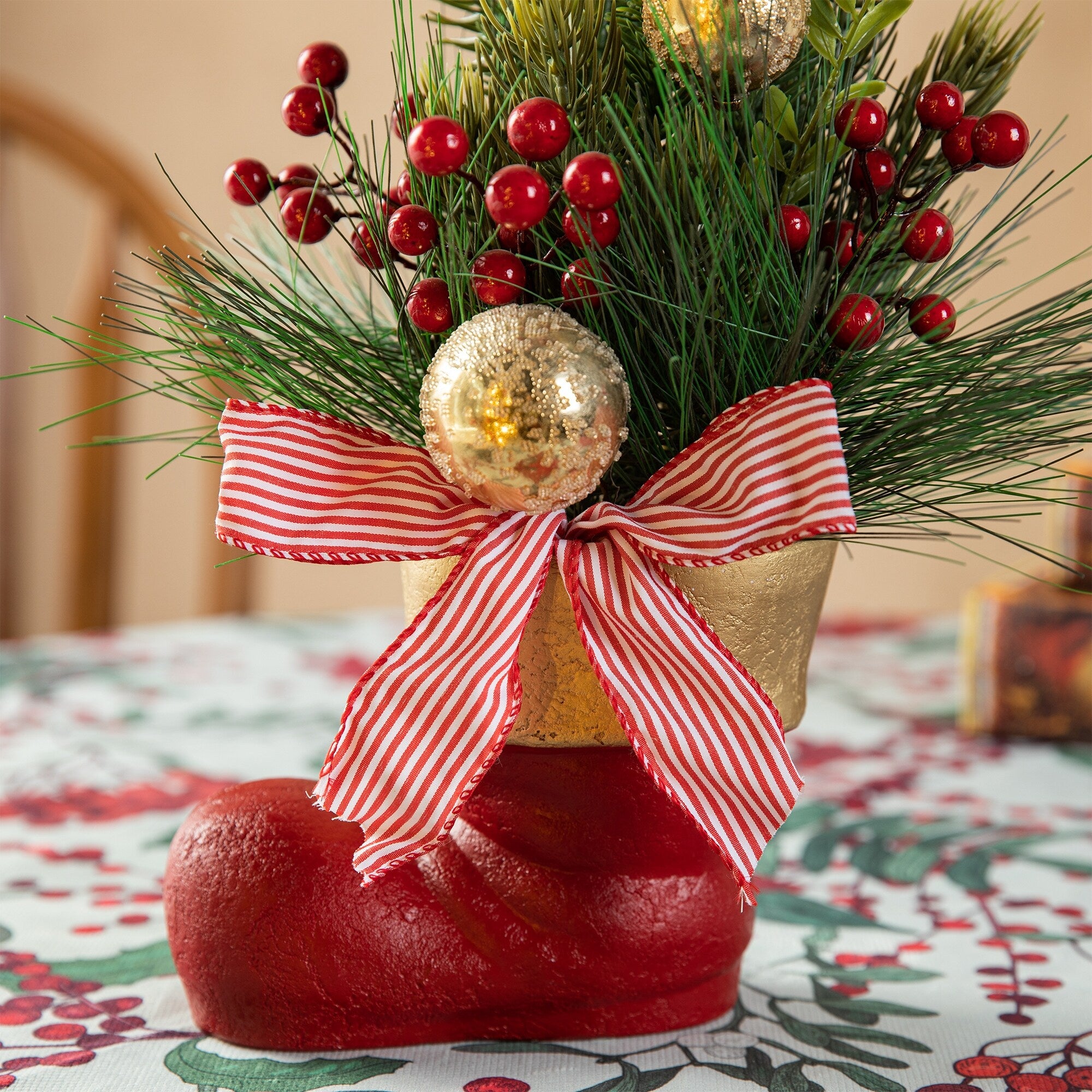 Glitzhome Christmas Red Sleigh Frosted Boot Floral Metal Potted Tree Table Decor