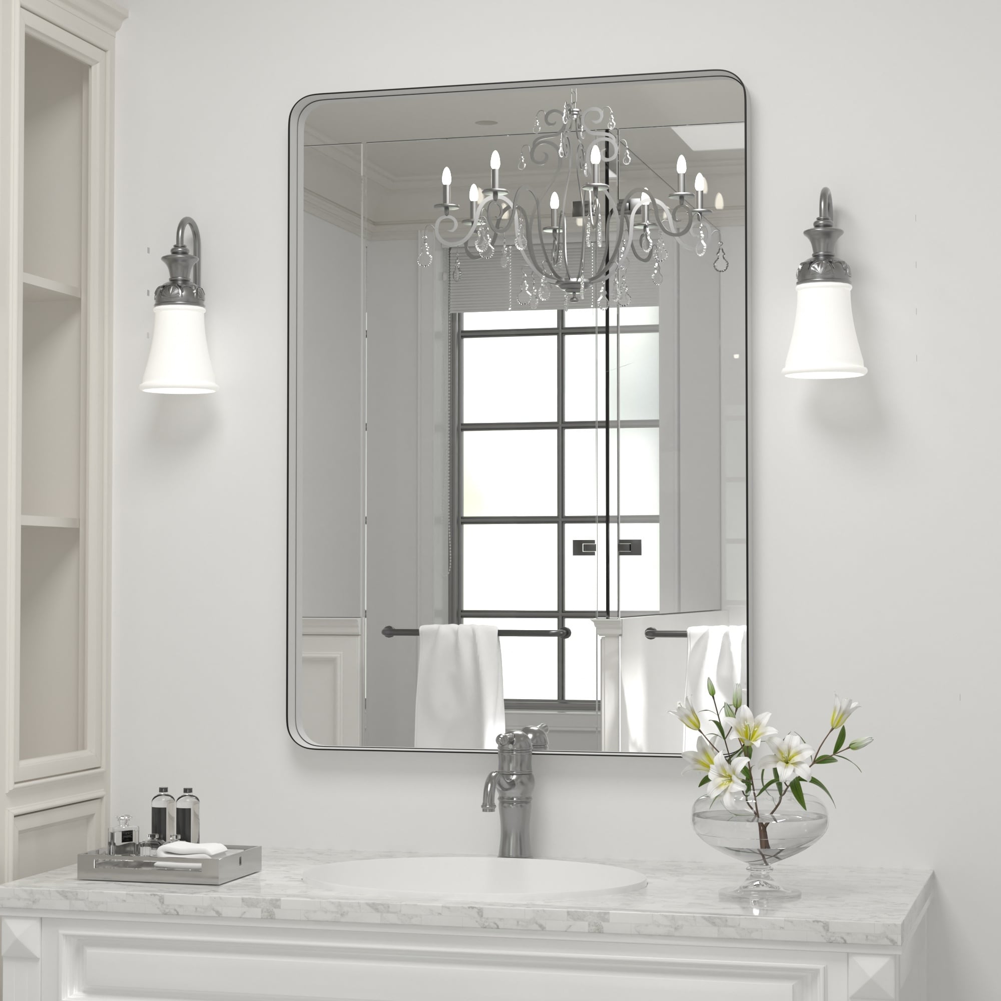 Modern Wall Mirror, Rectangular Mirror with Metal Frame, Bathroom Mirror with Round Corner Vanity Mirror for Vertical/Horizontal