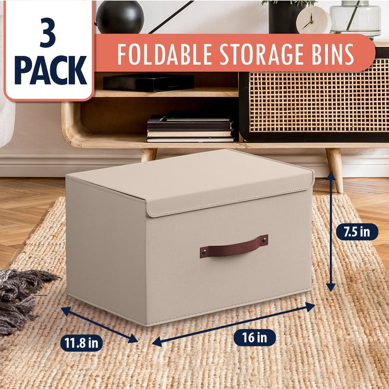 Foldable Collapsible Large Storage Box Bins Linen Fabric Shelf Basket with Leather Handles and Lid - Set of 3