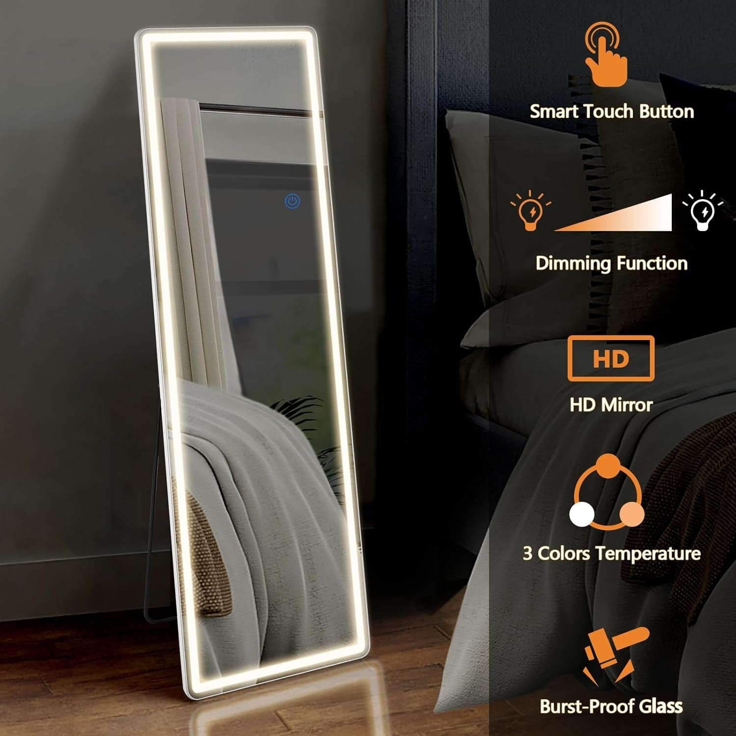 Floor Mirror with LED Light, 64 x 21 Full Length Mirror with Stand, Hanging Mirror Wall Mounted Mirror Full Body Mirror