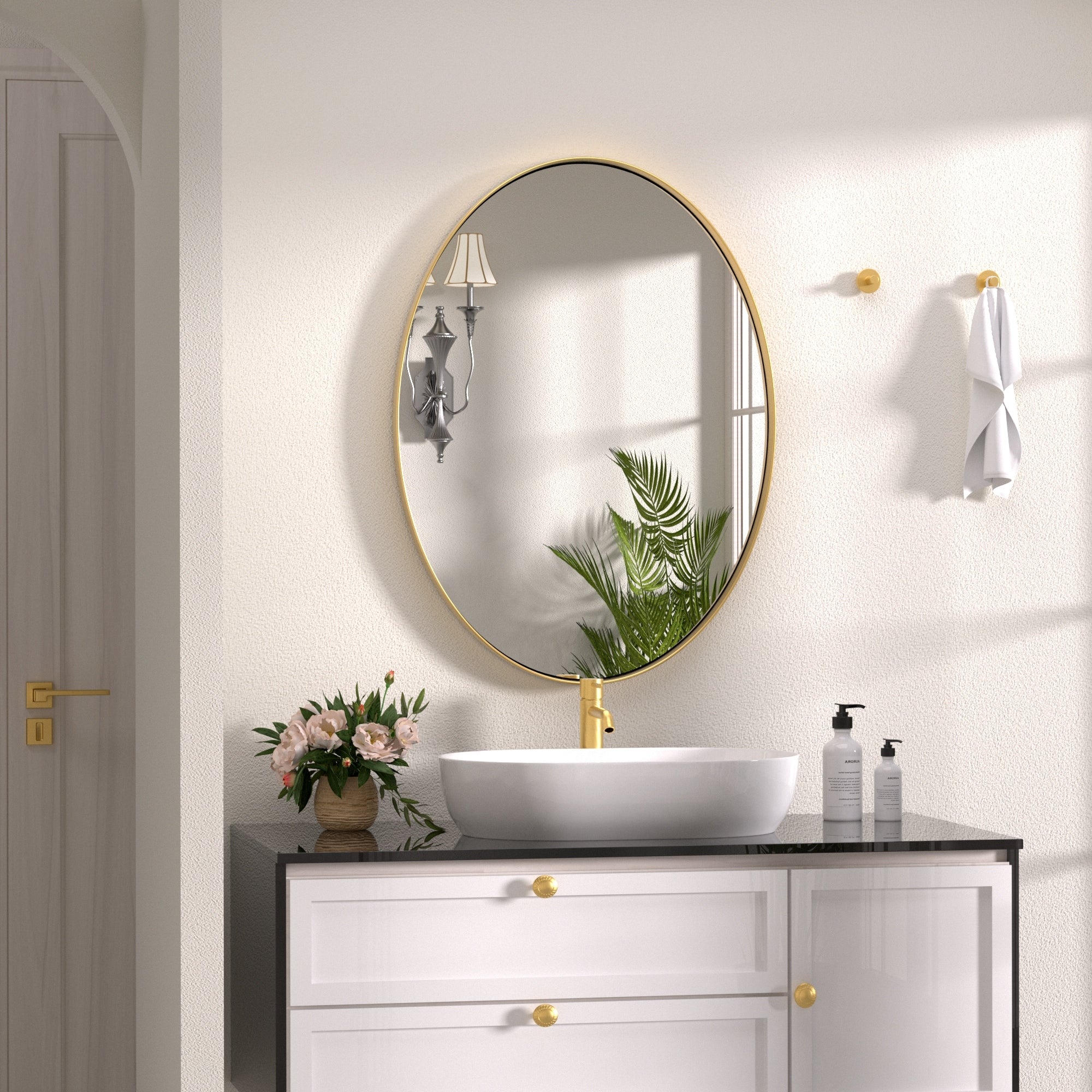 Modern Wall Mirror, Oval Mirror with Metal Framed, Bathroom Mirror with Round Corner Vanity Mirror for Vertical/Horizontal