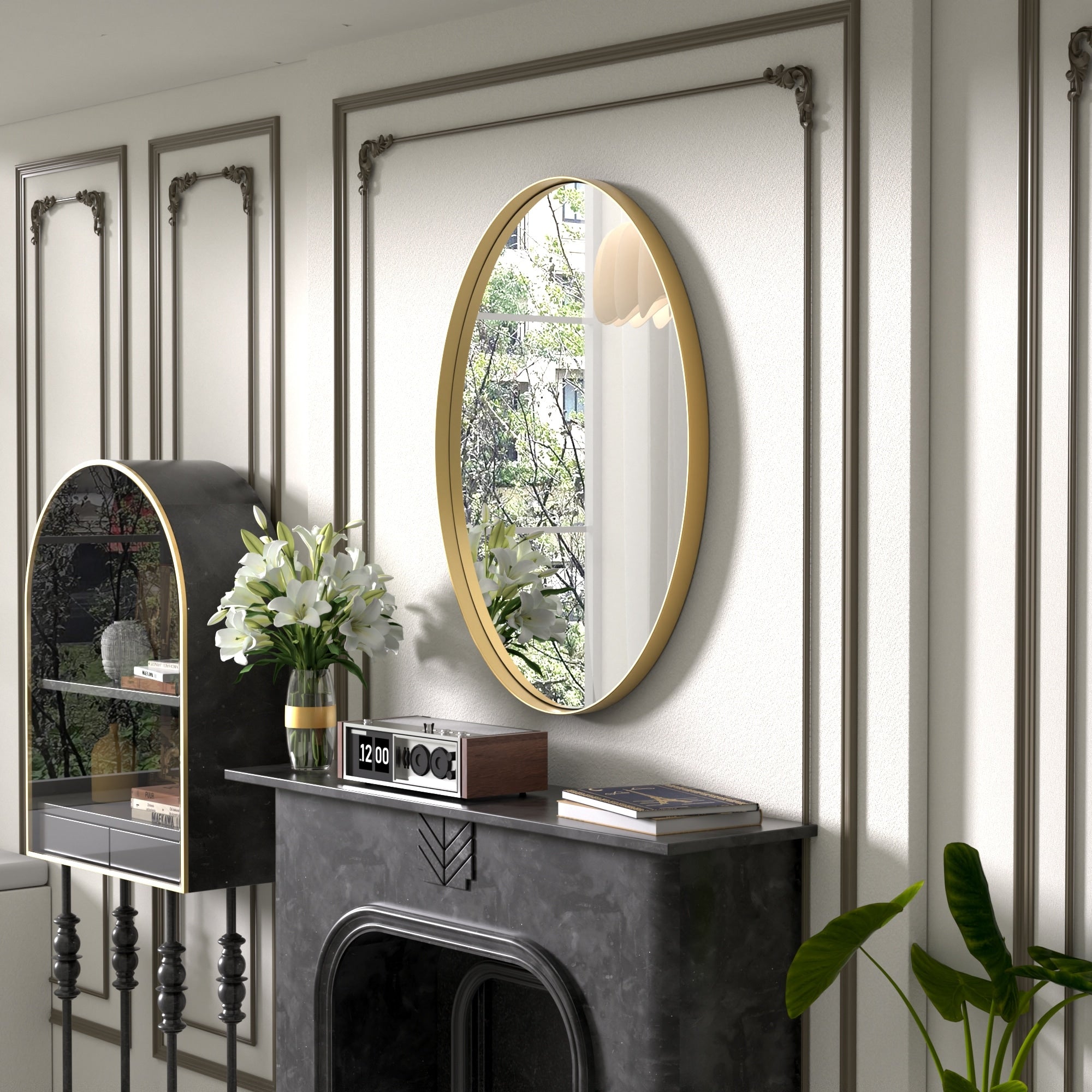 Modern Wall Mirror, Oval Mirror with Metal Framed, Bathroom Mirror with Round Corner Vanity Mirror for Vertical/Horizontal