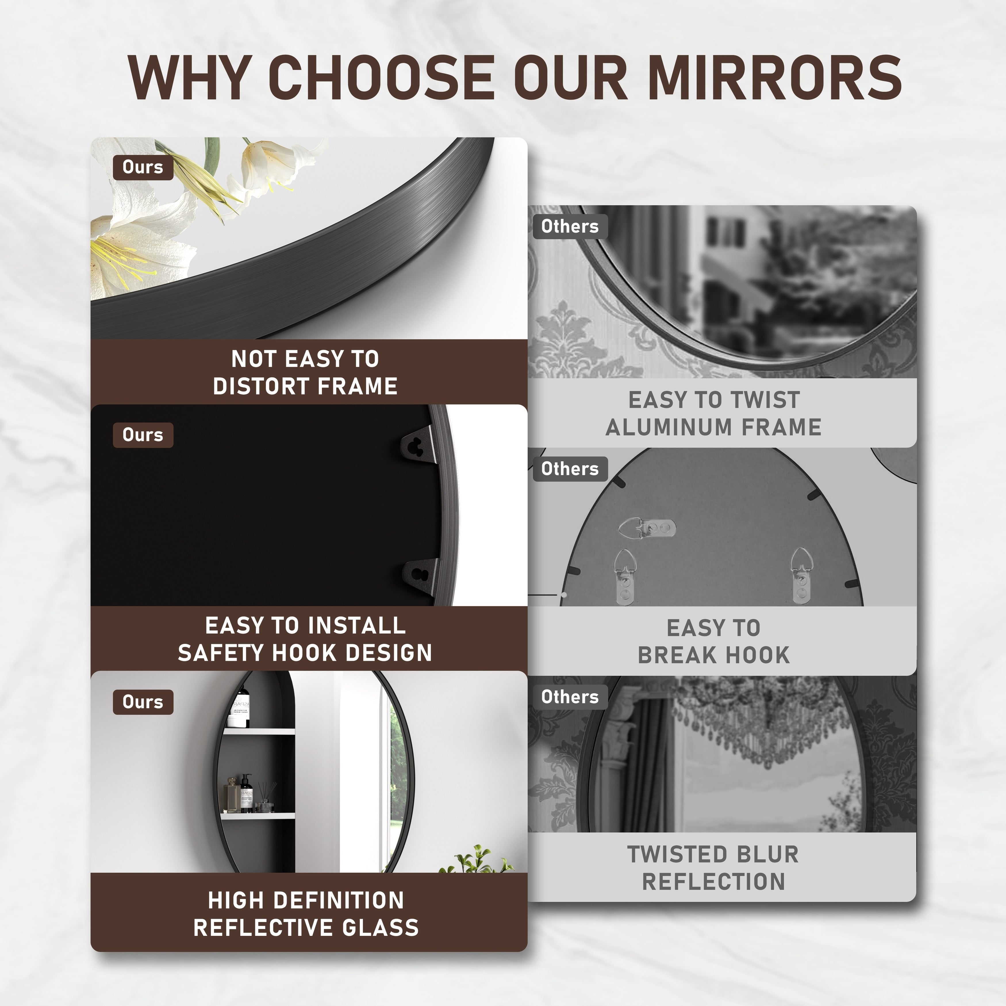 Modern Wall Mirrors, Oval Mirror with Stainless Steel Framed, Bathroom Mirror with Round Corner, Vanity Mirror Accent Mirror