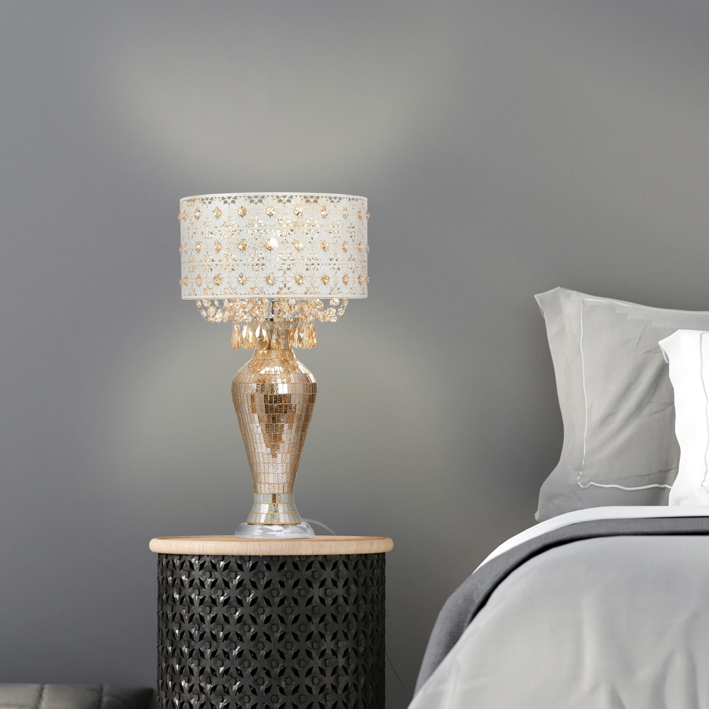 River of Goods Solvang Jeweled Metal/Mosaic Base Cascading Crystal Table Lamp - 14L x 14W x 25H