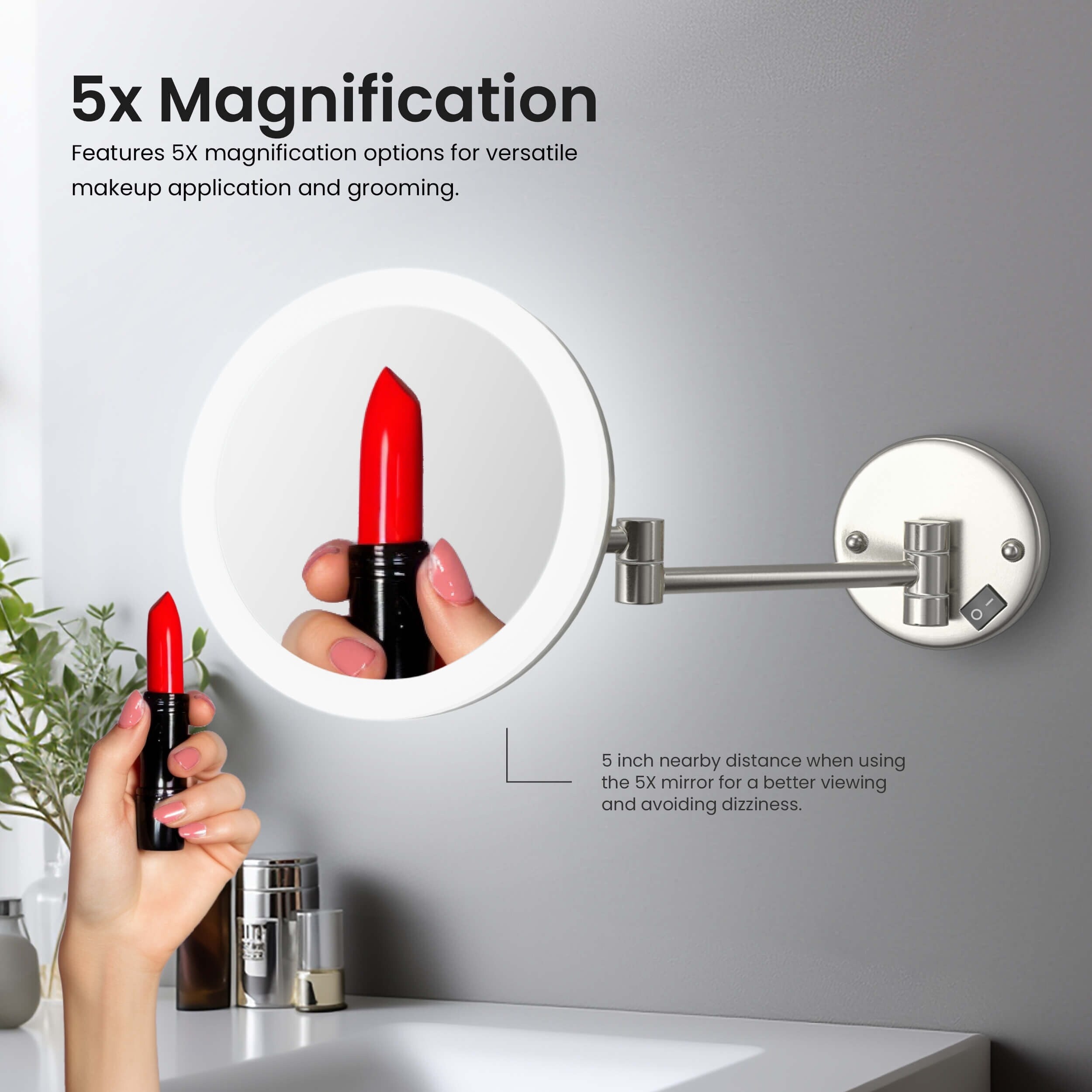 Circular LED Wall Mount One Side 5x Magnifying Make Up Mirror