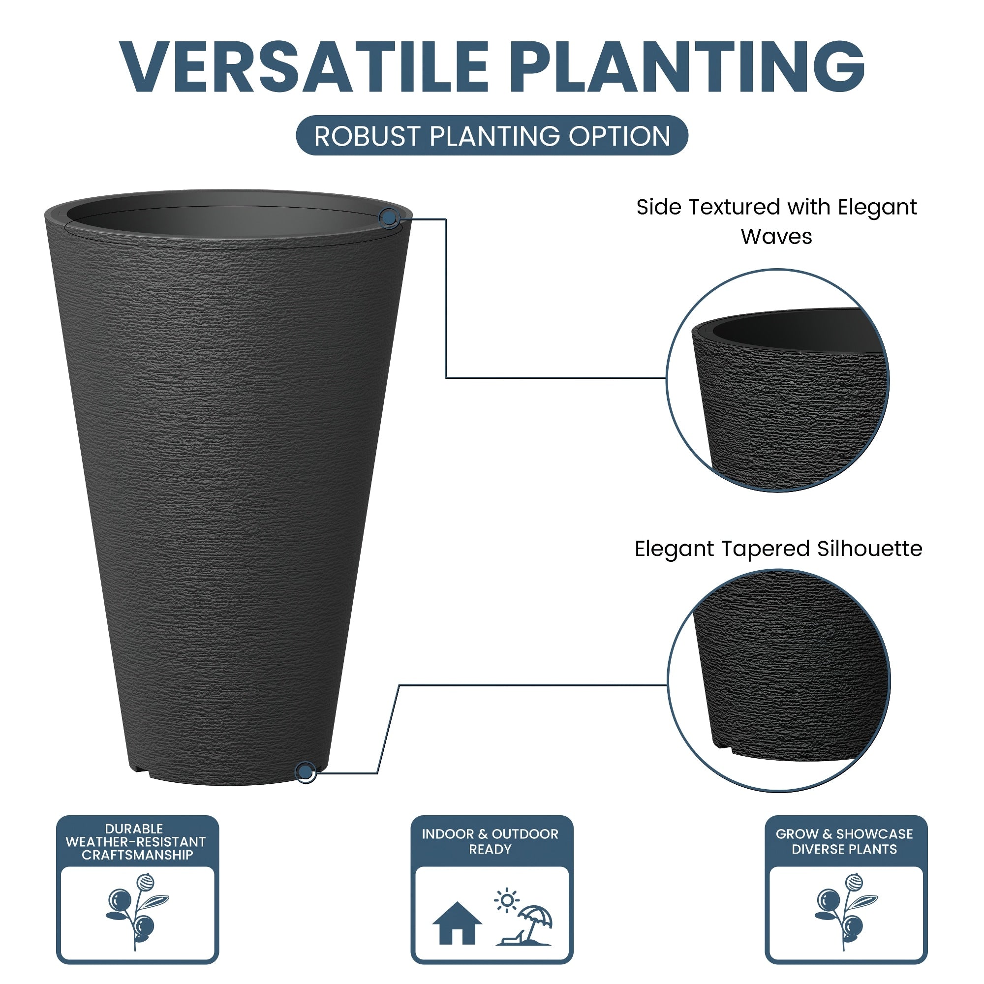 Black Tall Plastic Round Plant Pots / Large Indoor and Outdoor Flower Planters, 2 Piece Set