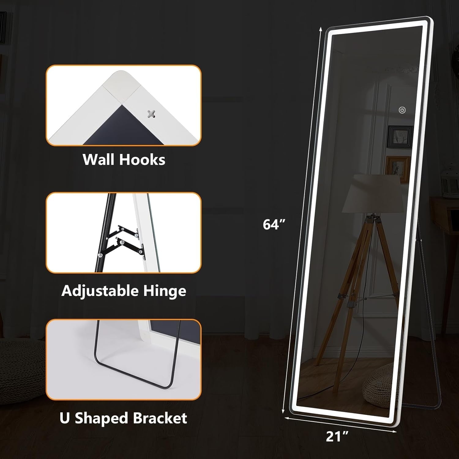 Floor Mirror with LED Light, 64 x 21 Full Length Mirror with Stand, Hanging Mirror Wall Mounted Mirror Full Body Mirror