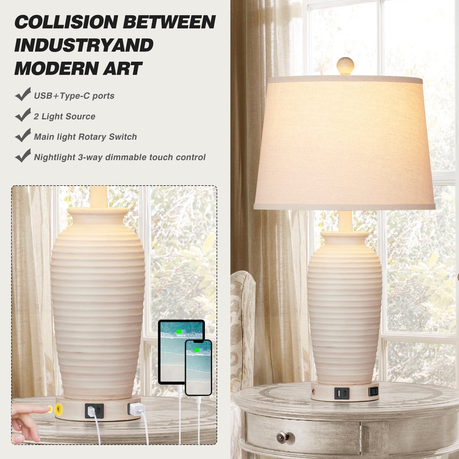 Beige Resin Table Lamps 3-way Touch Dimming Switch USB & Type-C Charging Ports AC Outlet (Set of 2)