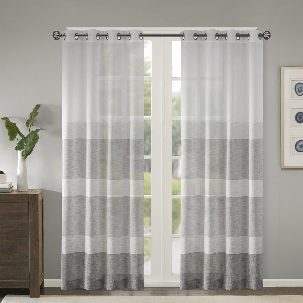 Madison Park Jasper Woven Faux Linen Striped Window Curtain Sheer