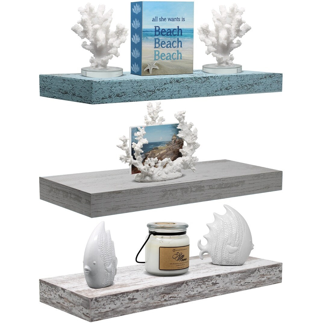 Floating Shelf Set, Rustic Wood Beach Style Hanging Wall Shelves - 3-Pack