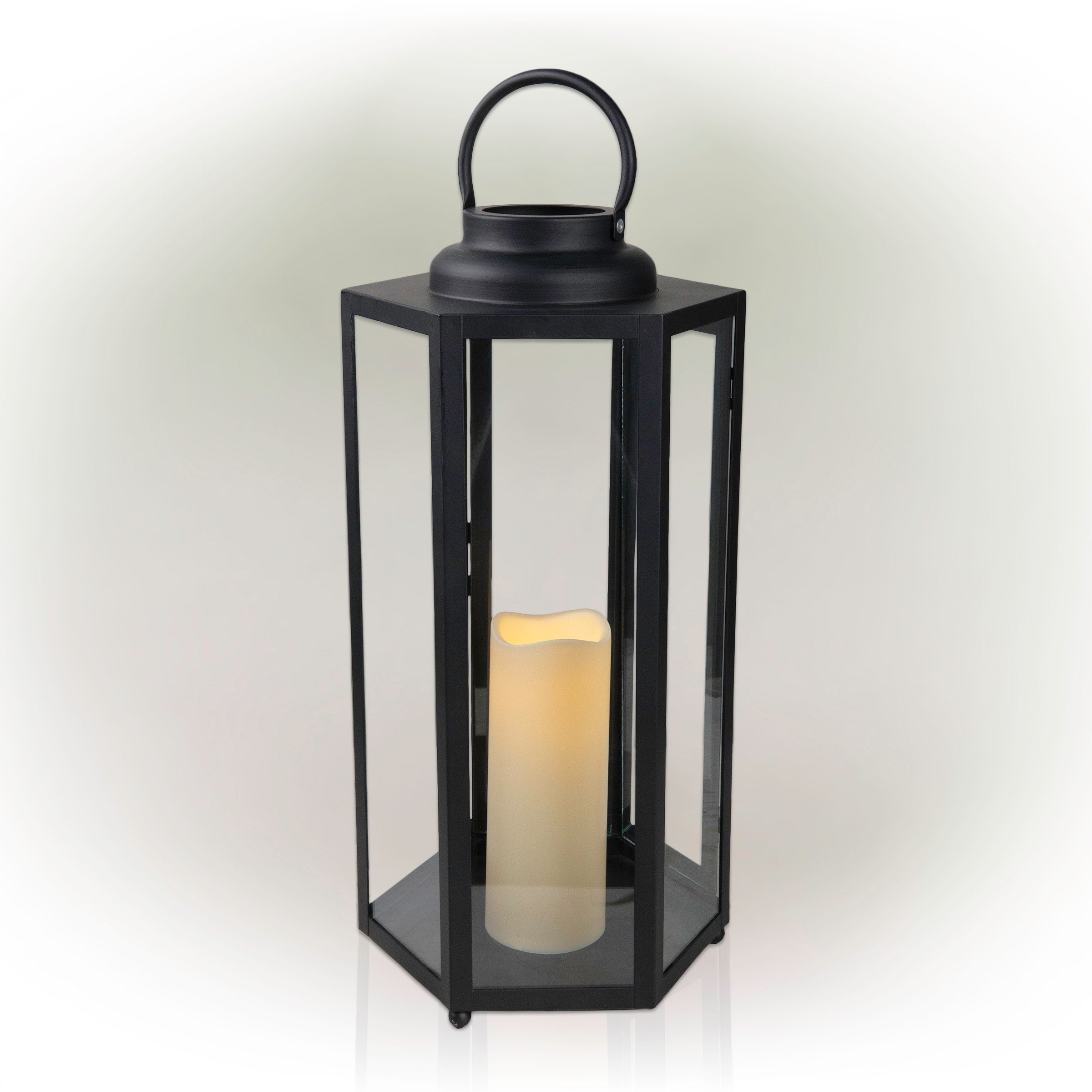 Alpine Corporation 18 Tall Outdoor Hexagonal Battery-Operated Metal Lantern with LED Lights, Black