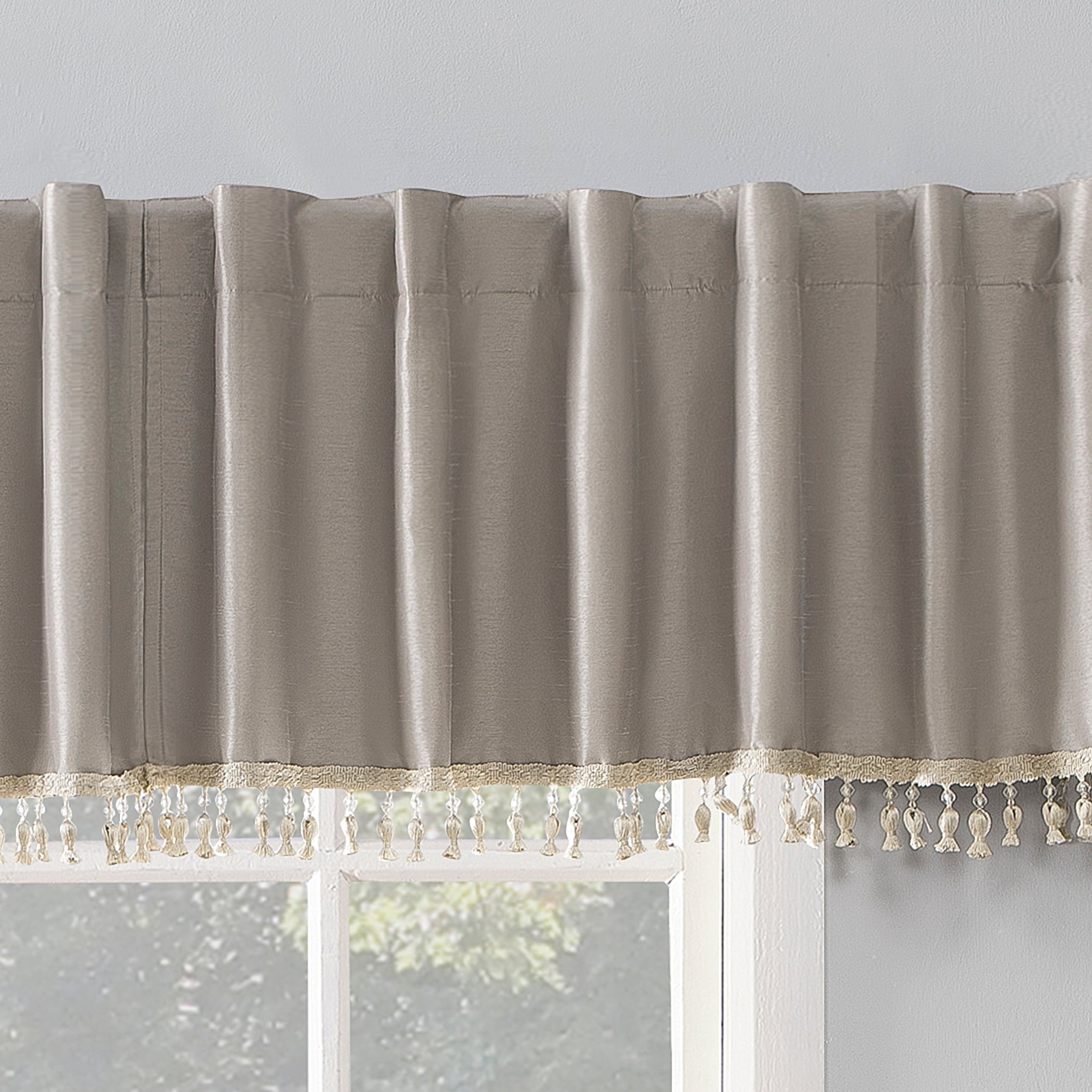 Sun Zero Evelina Faux Dupioni Silk Beaded Tassels Thermal Extreme Total Blackout Back Tab Curtain Valance