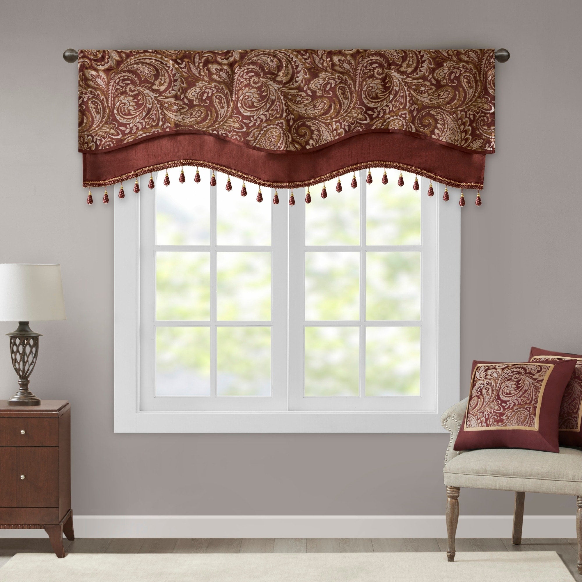 Madison Park Whitman Jacquard Window Rod Pocket Valance with Beads - 50 x 18