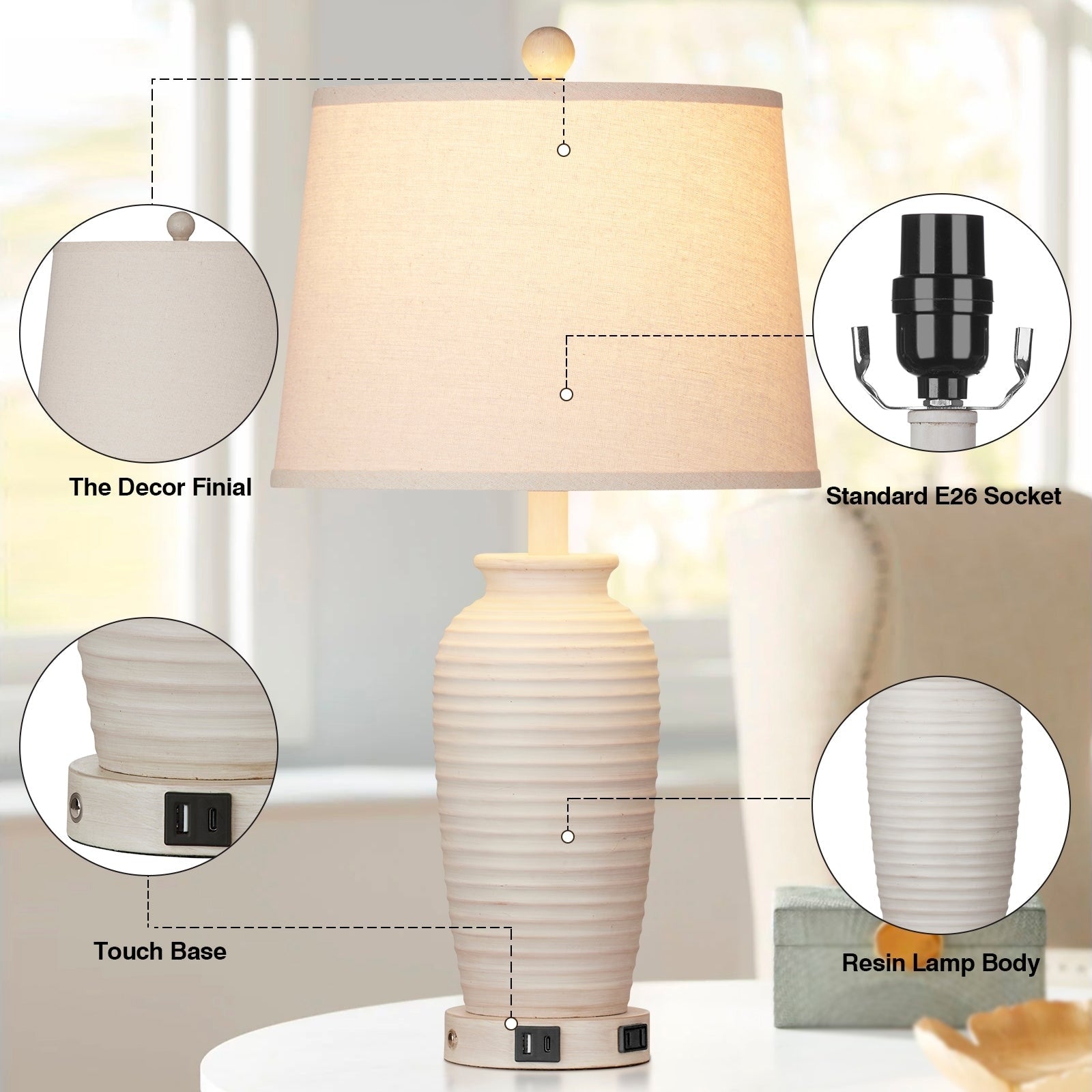 Beige Resin Table Lamps 3-way Touch Dimming Switch USB & Type-C Charging Ports AC Outlet (Set of 2)