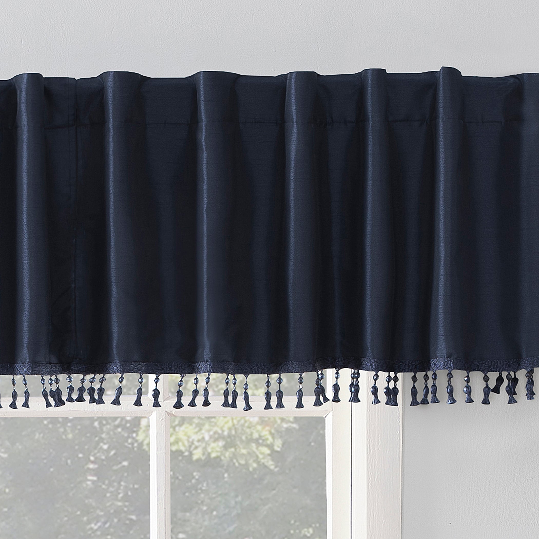 Sun Zero Evelina Faux Dupioni Silk Beaded Tassels Thermal Extreme Total Blackout Back Tab Curtain Valance