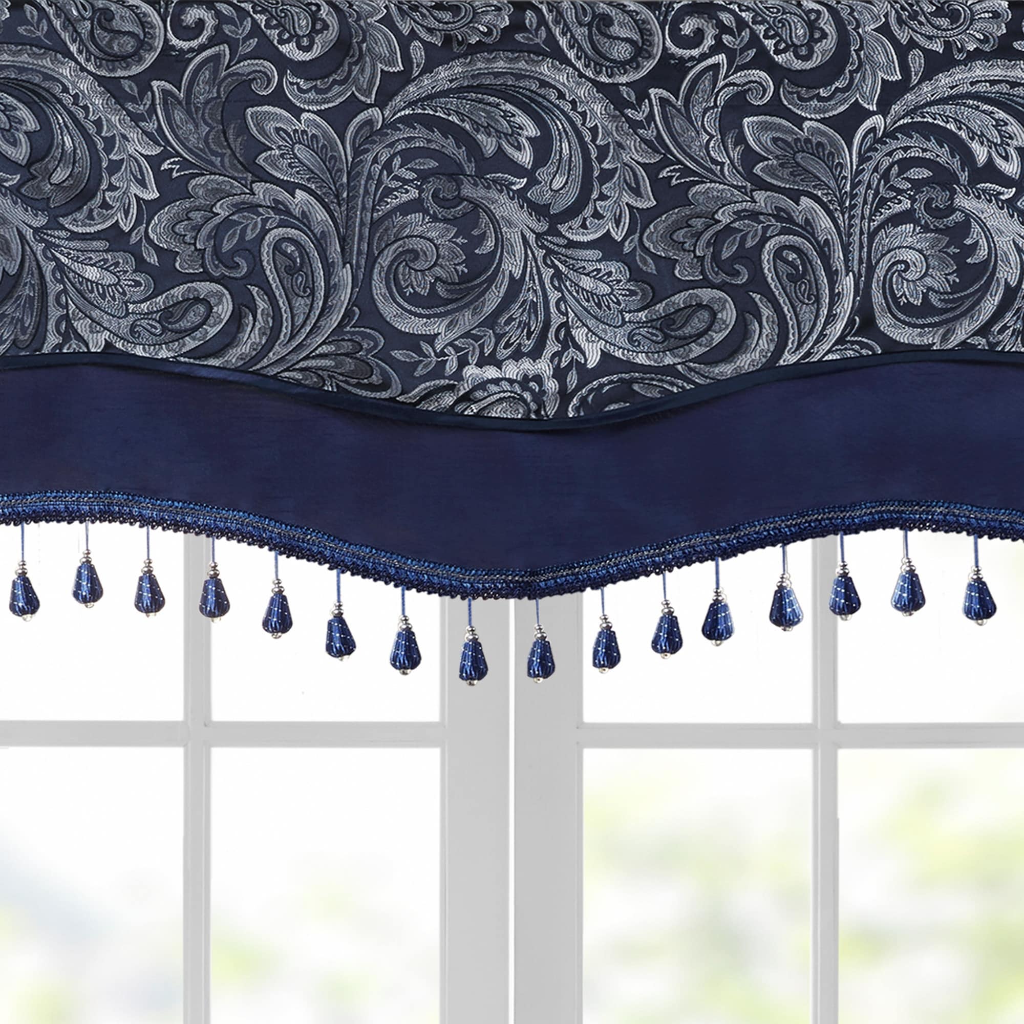 Madison Park Whitman Jacquard Window Rod Pocket Valance with Beads - 50 x 18