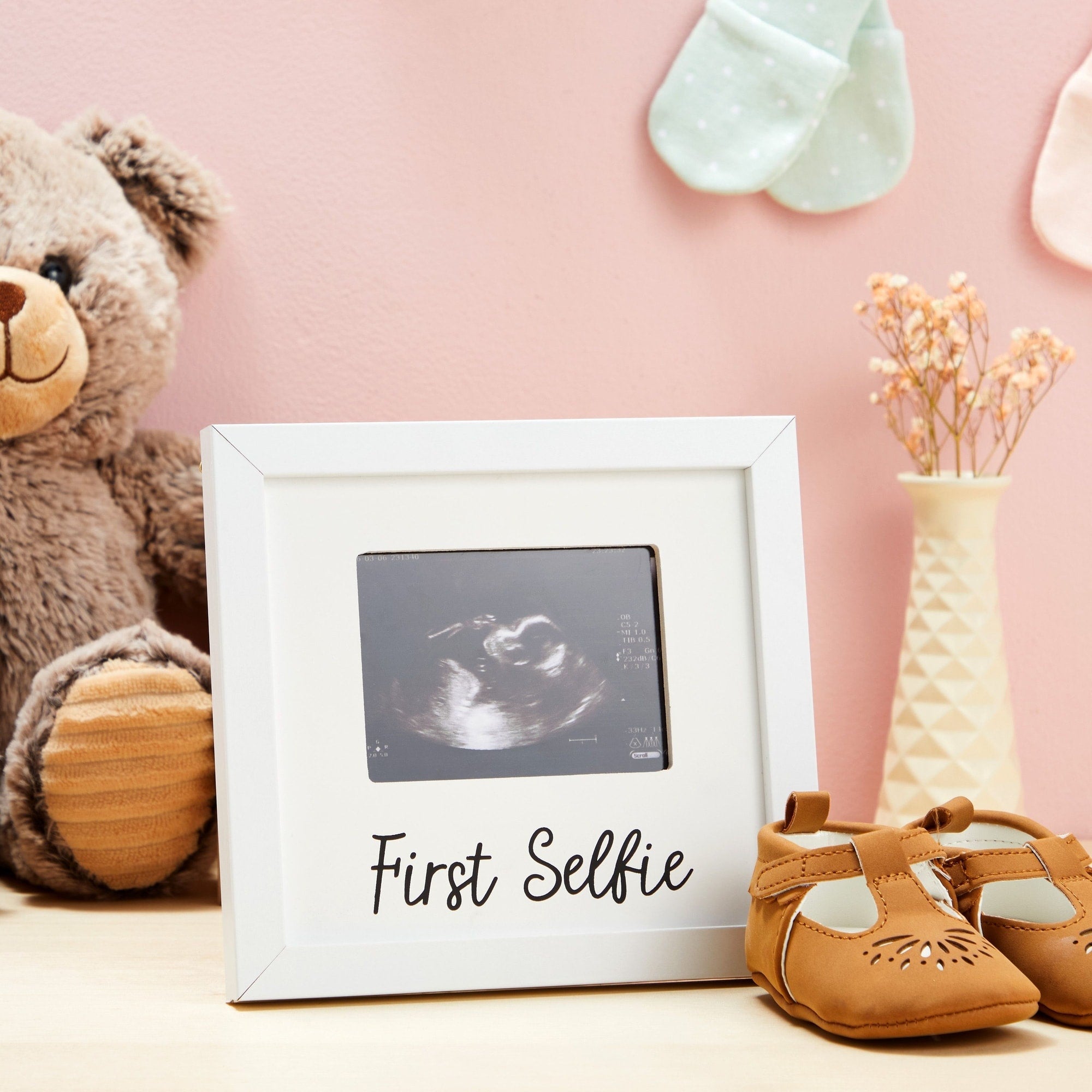 Baby Sonogram Picture Frame for 4 x 3 Ultrasound Photo, First Selfie (7 x 6.5 In, White)