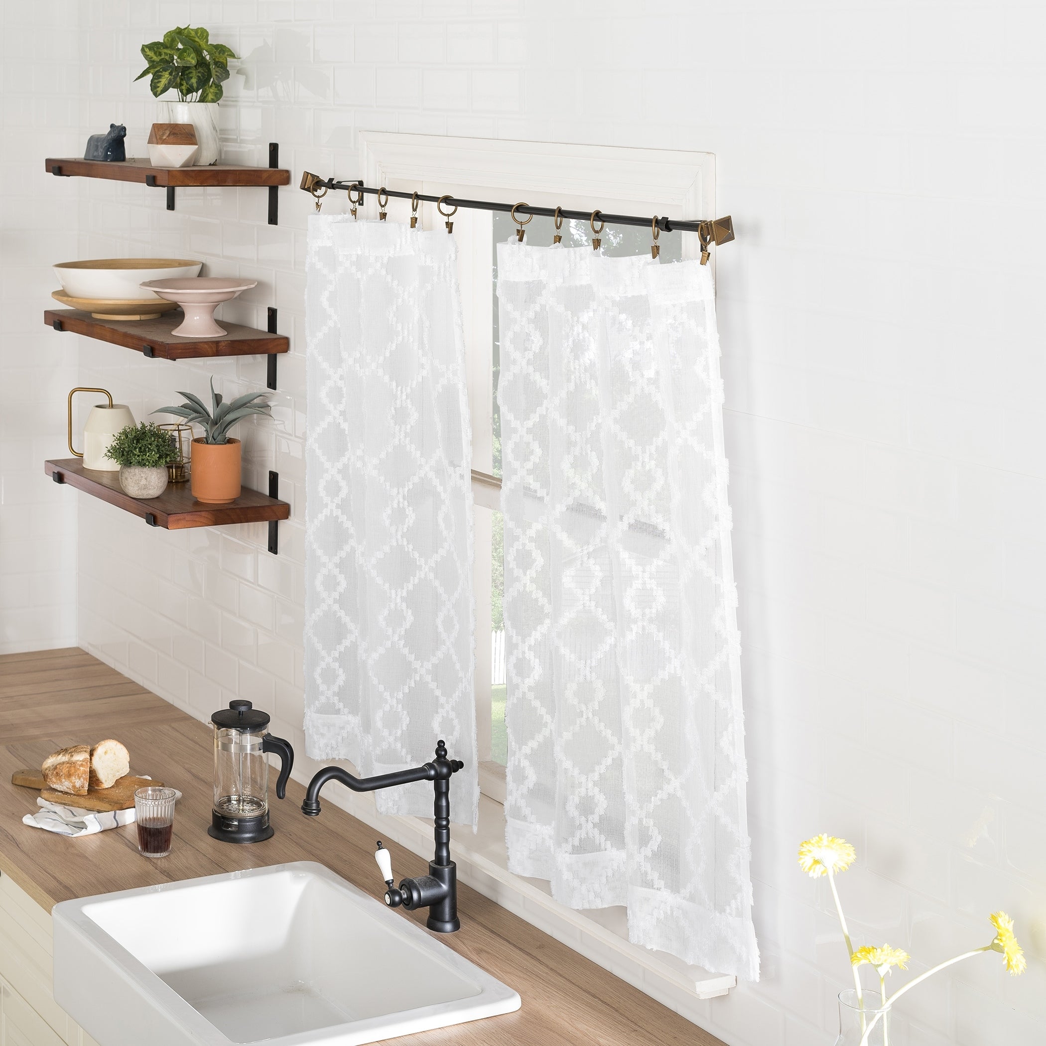 No. 918 Tina Geometric Clipped Semi-Sheer Rod Pocket Kitchen Curtain Valance and Tiers Set