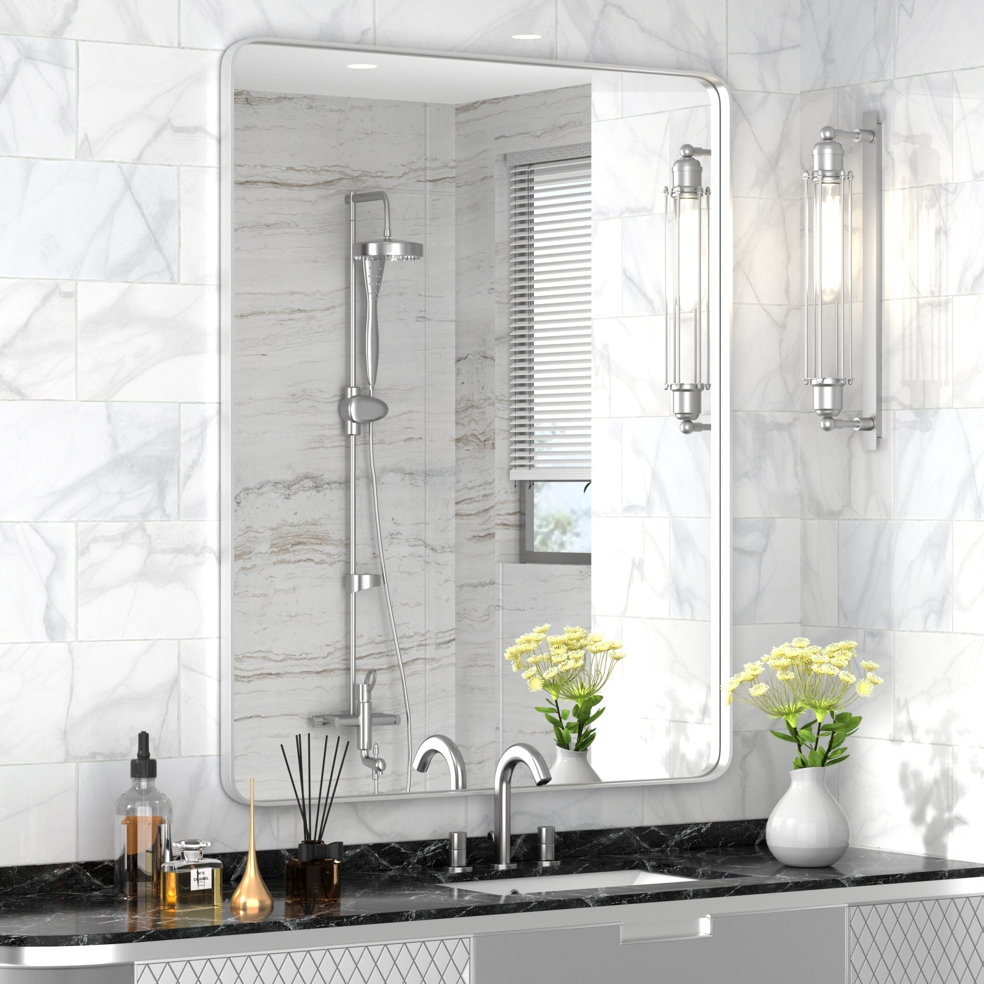 Modern Wall Mirrors, Rectangular Mirror with Stainless Steel Framed, Bathroom Mirror with Round Corner, Vanity Mirror