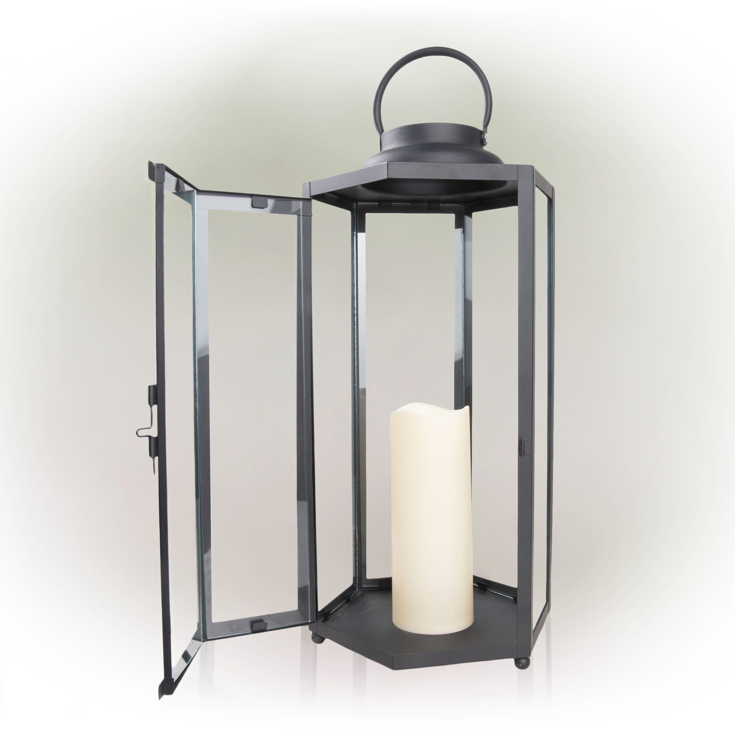 Alpine Corporation 18 Tall Outdoor Hexagonal Battery-Operated Metal Lantern with LED Lights, Black