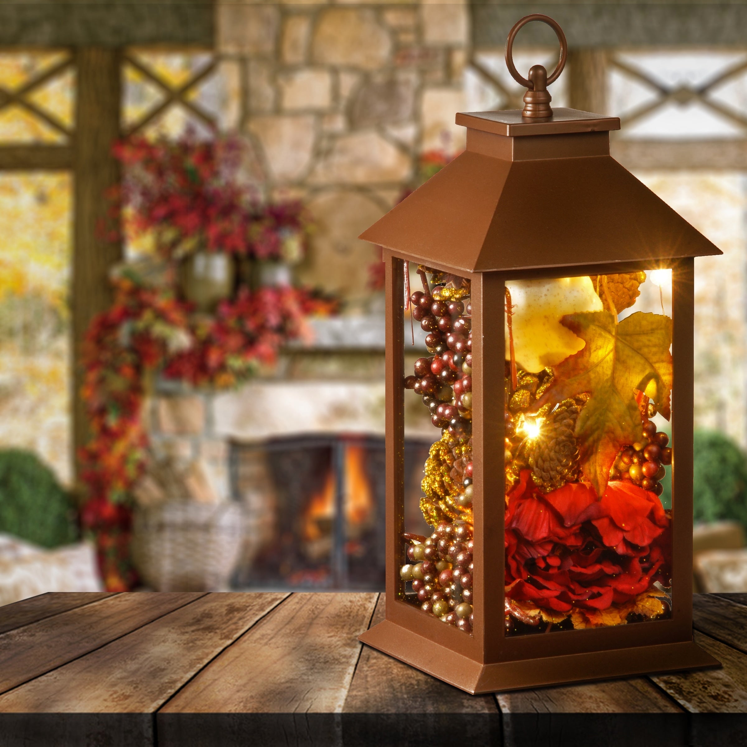 National Tree Company Harvest Lantern with LED Lights, Filled with Pumpkins, Leaves, Flowers, Berry Clusters, 12 inches - 12 in