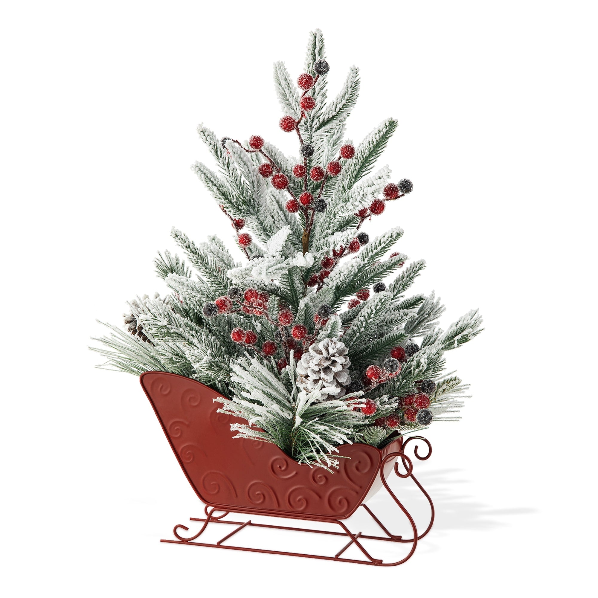 Glitzhome Christmas Red Sleigh Frosted Boot Floral Metal Potted Tree Table Decor