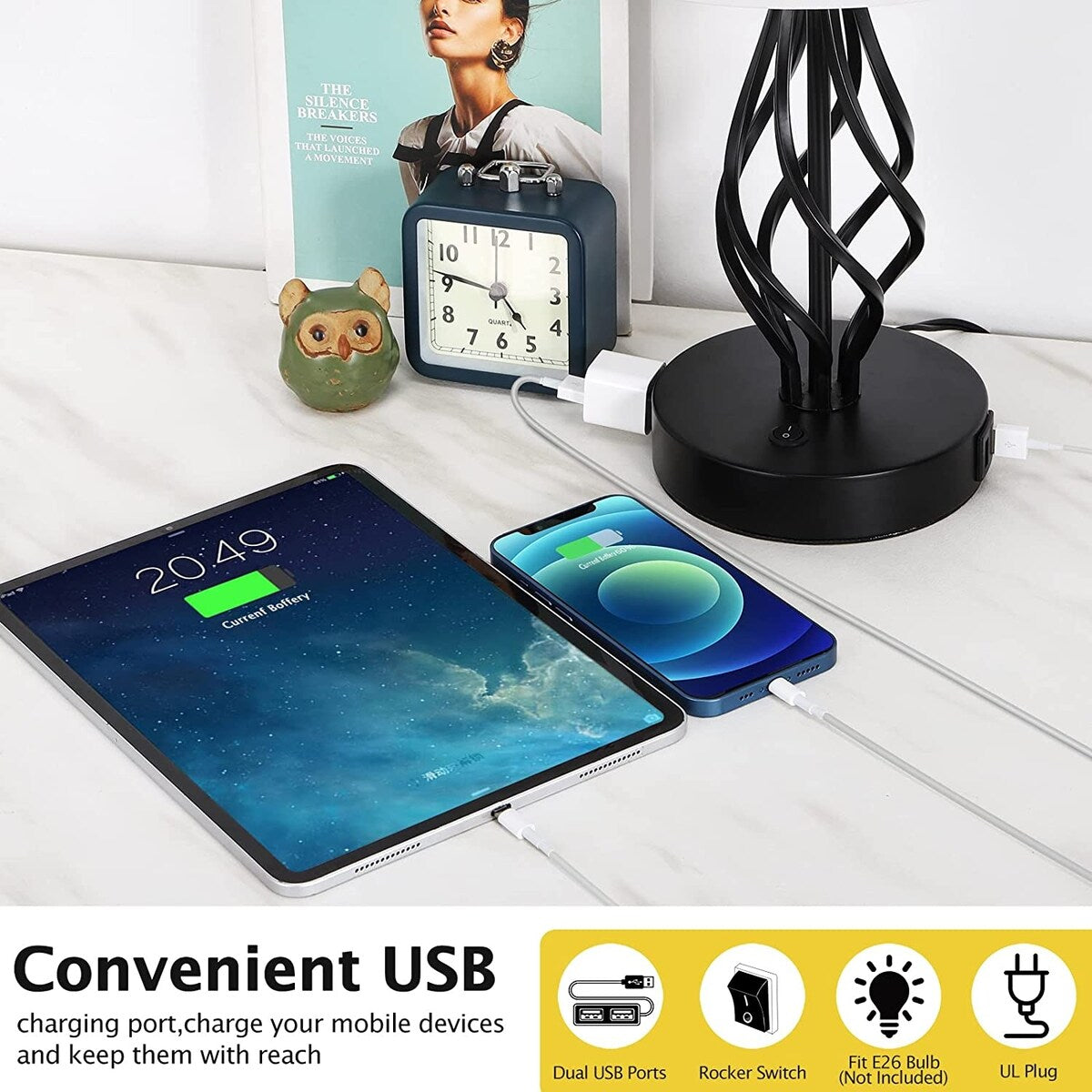 Set of 2 - Bedside Lamp with Dual USB Charging Ports 1 AC Outlet