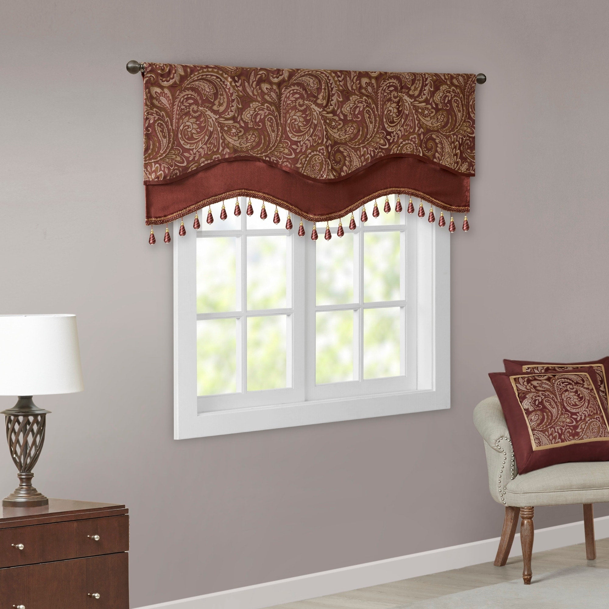 Madison Park Whitman Jacquard Window Rod Pocket Valance with Beads - 50 x 18