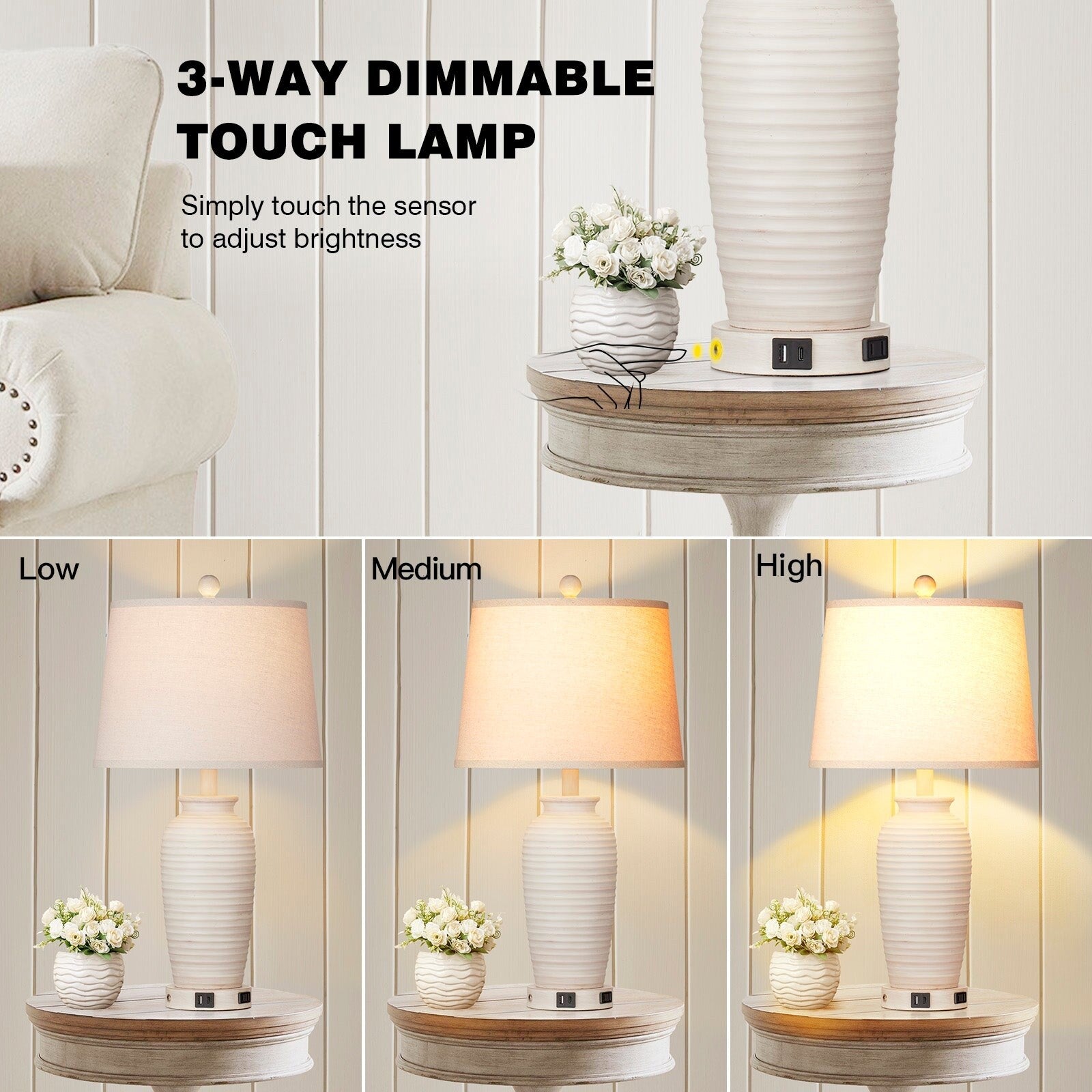 Beige Resin Table Lamps 3-way Touch Dimming Switch USB & Type-C Charging Ports AC Outlet (Set of 2)