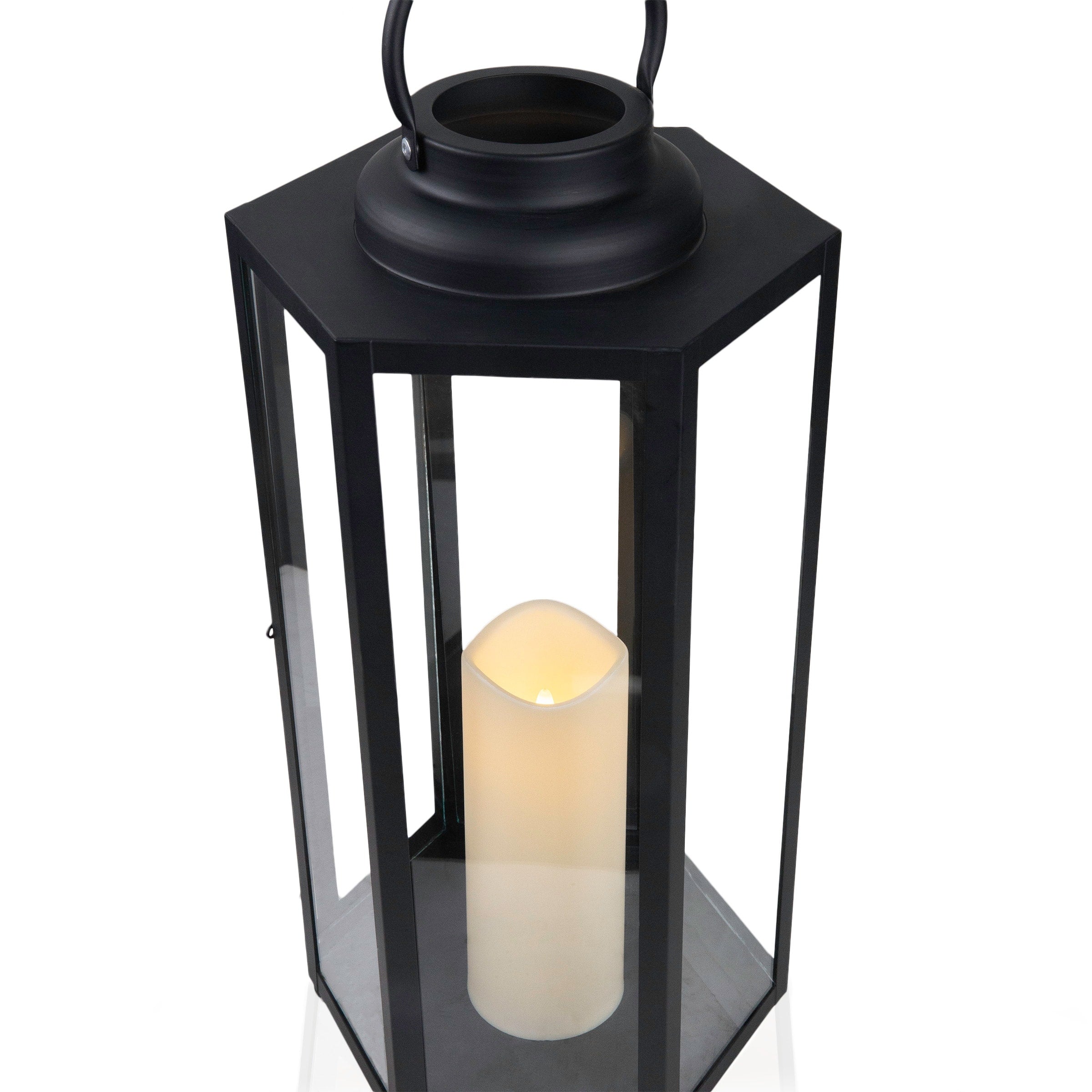 Alpine Corporation 18 Tall Outdoor Hexagonal Battery-Operated Metal Lantern with LED Lights, Black