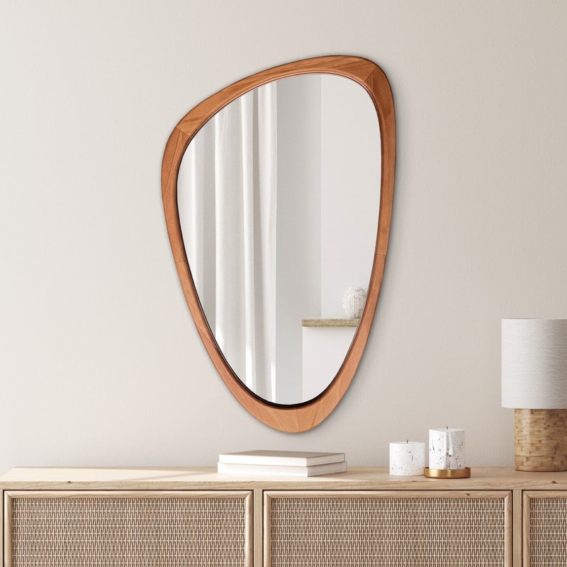 Pine Wooden Frame Asymmetrical Cobblestone Shaped Wall Mirror