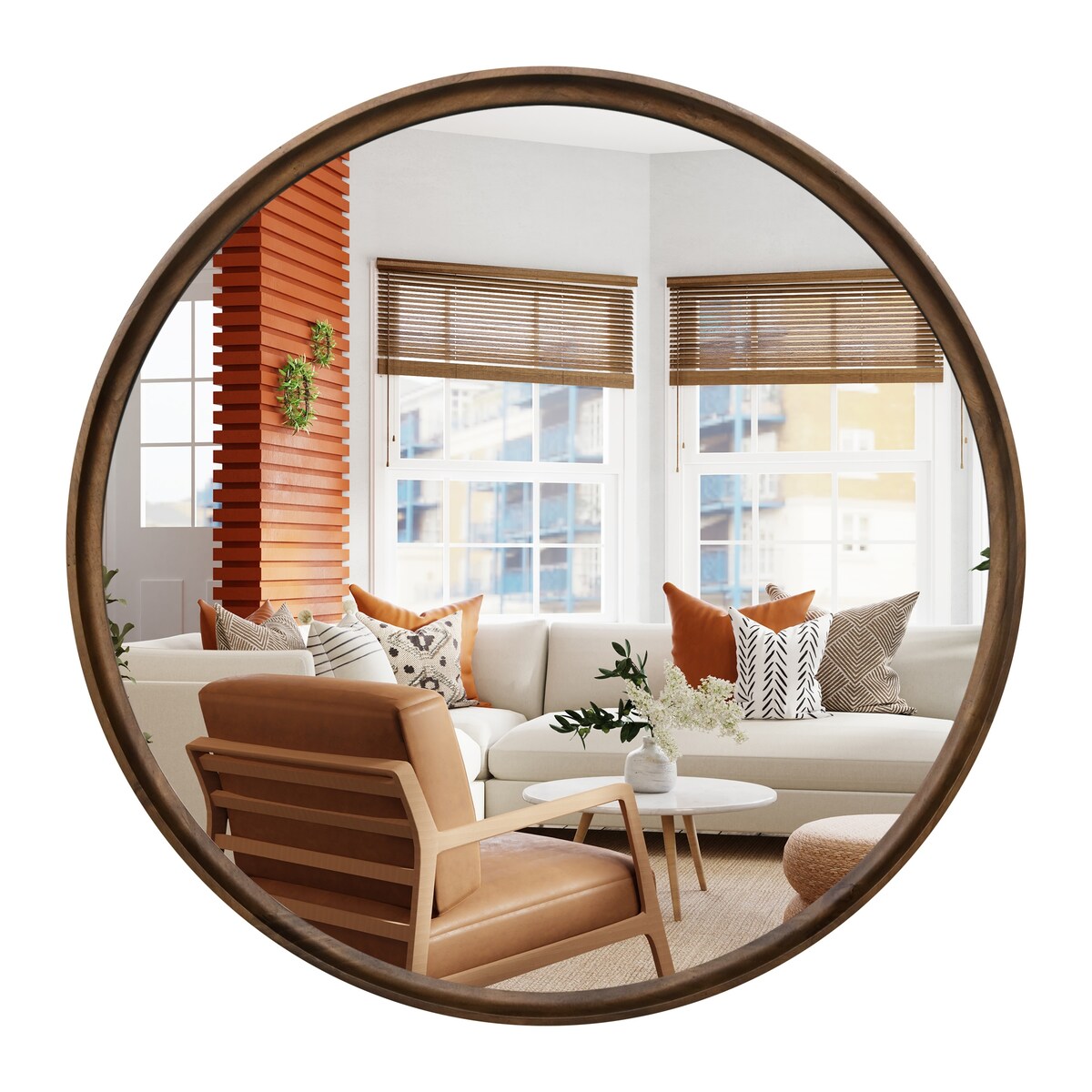 Classic Wooden Frame Farmhouse Round Wall Mirror